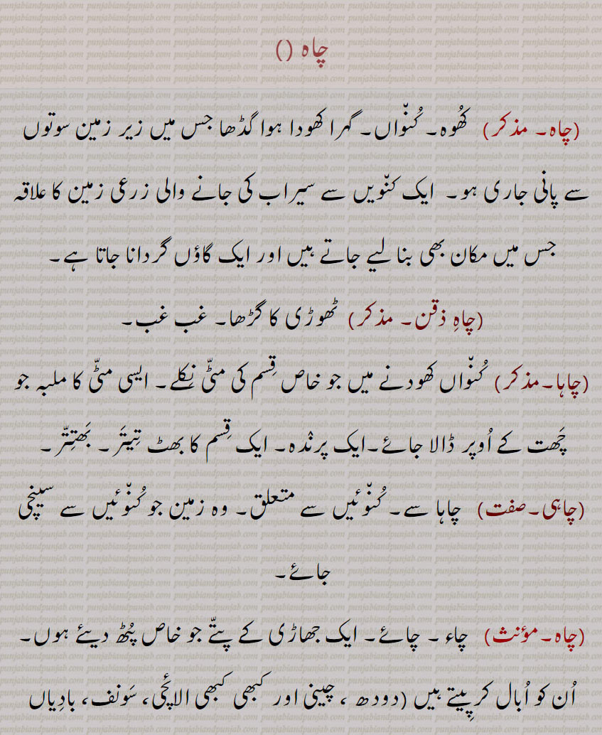 
چاہ,چاہ ذقن, غب غب,چاہا,بھٹ تیتر, بھتتر,چاہی  , چاہ پتی,چاہ پانی,چاہ چھکاؤنا,چاہ دانی,چاہ پوچی,  چائے دانی,چاہٹا,چاہٹا,چاہٹا چھکانا,چاہی,چاہ ,چاہ کرنا,چاہ پوری کرنی,چاہ مان, چاہ وان,چاہ وند,چاہاں,چاہت,چاہک, چاہکُ,,چاہنا, چاہنا  , چاہنا, چاہنا,چاہناں,چاہونا,چاہونی,چاہری,چاہی,چاہیدا,چاہیے,چاہے, چاہیتا,چاہیتی, Persian wheel; harhaT , Khooh,ਹਰ੍ਹਟ, chaaha,  ਚਹਾ, chaah ,well,bhatt titar,chaahi, ਚਾਹੀ,chaah  chhakauna,ਚਾਹ   ਛਕਾਉਣਾ,chaahTa, ਚਾਹਟਾ, chahdani,  ਚਾਹਦਾਨੀ, chah pati, ਚਾਹ ਪੱਤੀ, chah paani,   ਚਾਹ ਪਾਣੀ, chaah, chaah karna, ਚਾਹ ਕਰਨਾ , chaah puri karni,  ਚਾਹ ਪੂਰੀ ਕਰਨੀ, chaahwaan,  ਚਾਹਵਾਨ , chaaheeda, ਚਾਹੀਦਾ, ਚਾਹੁਣਾ ਹੁ , chaahe, ਚਾਹੇ, chaahak,  ਚਾਹਕ, chahye, ਚਾਹਯੇ,chaahat, ਚਾਹਤ, chaahmaan,ਚਾਹਮਾਨ, chaahna,ਚਾਹਨਾ, chaahna, ਚਾਹਣਾ ,   Persian wheel; harhaT , Khooh,ਹਰ੍ਹਟ, chaaha,  ਚਹਾ, chaah ,well,bhatt titar,chaahi, ਚਾਹੀ,chaah  chhakauna,ਚਾਹ   ਛਕਾਉਣਾ,chaahTa, ਚਾਹਟਾ, chahdani,  ਚਾਹਦਾਨੀ, chah pati, ਚਾਹ ਪੱਤੀ, chah paani,   ਚਾਹ ਪਾਣੀ, chaah, chaah karna, ਚਾਹ ਕਰਨਾ , chaah puri karni,  ਚਾਹ ਪੂਰੀ ਕਰਨੀ, chaahwaan,  ਚਾਹਵਾਨ , chaaheeda, ਚਾਹੀਦਾ, ਚਾਹੁਣਾ ਹੁ , chaahe, ਚਾਹੇ, chaahak,  ਚਾਹਕ, chahye, ਚਾਹਯੇ,chaahat, ਚਾਹਤ, chaahmaan,ਚਾਹਮਾਨ, chaahna,ਚਾਹਨਾ, chaahna, ਚਾਹਣਾ 