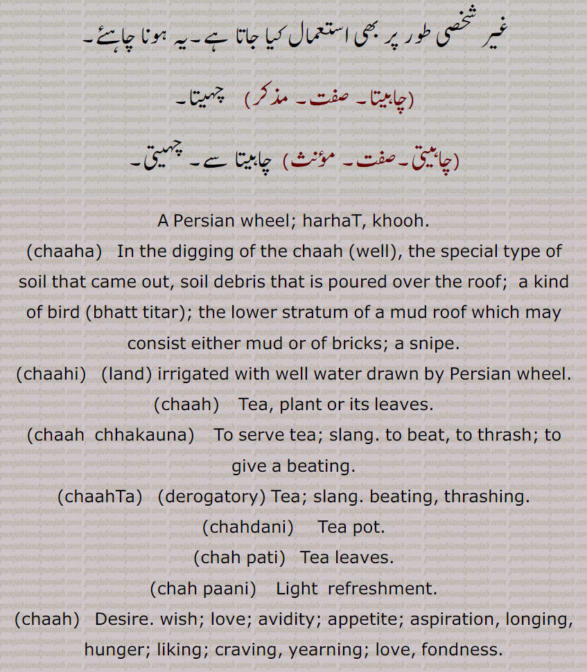 
چاہ,چاہ ذقن, غب غب,چاہا,بھٹ تیتر, بھتتر,چاہی  , چاہ پتی,چاہ پانی,چاہ چھکاؤنا,چاہ دانی,چاہ پوچی,  چائے دانی,چاہٹا,چاہٹا,چاہٹا چھکانا,چاہی,چاہ ,چاہ کرنا,چاہ پوری کرنی,چاہ مان, چاہ وان,چاہ وند,چاہاں,چاہت,چاہک, چاہکُ,,چاہنا, چاہنا  , چاہنا, چاہنا,چاہناں,چاہونا,چاہونی,چاہری,چاہی,چاہیدا,چاہیے,چاہے, چاہیتا,چاہیتی, Persian wheel; harhaT , Khooh,ਹਰ੍ਹਟ, chaaha,  ਚਹਾ, chaah ,well,bhatt titar,chaahi, ਚਾਹੀ,chaah  chhakauna,ਚਾਹ   ਛਕਾਉਣਾ,chaahTa, ਚਾਹਟਾ, chahdani,  ਚਾਹਦਾਨੀ, chah pati, ਚਾਹ ਪੱਤੀ, chah paani,   ਚਾਹ ਪਾਣੀ, chaah, chaah karna, ਚਾਹ ਕਰਨਾ , chaah puri karni,  ਚਾਹ ਪੂਰੀ ਕਰਨੀ, chaahwaan,  ਚਾਹਵਾਨ , chaaheeda, ਚਾਹੀਦਾ, ਚਾਹੁਣਾ ਹੁ , chaahe, ਚਾਹੇ, chaahak,  ਚਾਹਕ, chahye, ਚਾਹਯੇ,chaahat, ਚਾਹਤ, chaahmaan,ਚਾਹਮਾਨ, chaahna,ਚਾਹਨਾ, chaahna, ਚਾਹਣਾ ,   Persian wheel; harhaT , Khooh,ਹਰ੍ਹਟ, chaaha,  ਚਹਾ, chaah ,well,bhatt titar,chaahi, ਚਾਹੀ,chaah  chhakauna,ਚਾਹ   ਛਕਾਉਣਾ,chaahTa, ਚਾਹਟਾ, chahdani,  ਚਾਹਦਾਨੀ, chah pati, ਚਾਹ ਪੱਤੀ, chah paani,   ਚਾਹ ਪਾਣੀ, chaah, chaah karna, ਚਾਹ ਕਰਨਾ , chaah puri karni,  ਚਾਹ ਪੂਰੀ ਕਰਨੀ, chaahwaan,  ਚਾਹਵਾਨ , chaaheeda, ਚਾਹੀਦਾ, ਚਾਹੁਣਾ ਹੁ , chaahe, ਚਾਹੇ, chaahak,  ਚਾਹਕ, chahye, ਚਾਹਯੇ,chaahat, ਚਾਹਤ, chaahmaan,ਚਾਹਮਾਨ, chaahna,ਚਾਹਨਾ, chaahna, ਚਾਹਣਾ 