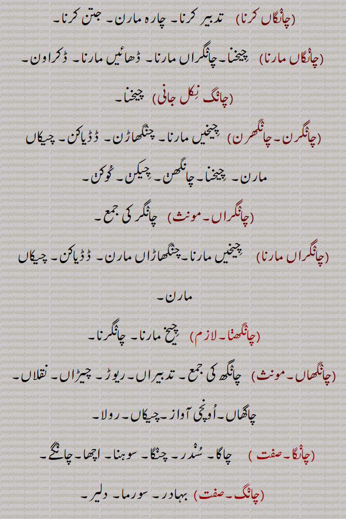  ,چانگرنا سے,چانگ,چانگھ,,  کوشش, تدبیر,چارۂ کار,آثار, نشانی,
,چانگ,لاحقہ,   ”چپ چانگ“ میں چانگ مہمل لفظ,چانگ, چانگھ,,  چانگھا,مویشیوں کی قطار, بھیڑ بکریوں کا گلہ,مال مویشی کے گلے,چراند,چانگ, چانگھ,,,    چانگھ,چانگھر, چانگر, چاہنگ, چھانگ, غل غپاڑہ, چیخ و پکا ر, پکار,چیک,کوک ,مارنا,, چنگھاڑ, للکار, سد ہال دہائی,درد سے کراہنا, کوشش,دنداں دی صفائی,چنگا ہوون دی کیفیت, جتن, چارہ, تدبیر,نعرا,چوبھویں یا نا خوشگوار آواز, لوکاں دی بھیڑ تے رولا,آثار, بشانی,چانگر,چانگھر,مؤںث,   چانگ, چیخ وغیرہ, شدید درد کے باعث بیساختہ نکل جانے والی چیخ,اڑاٹ, ڈڈیاک,اڑاون دی آواز, چنگھاڑ,چانگرنا,چانگھرنا,متعدی,   چیخ مارنا,چانگنا,چانگھنا,متعدی,لازم,     چیخ مارنا, چانگرنا, بوہل کو چھاج کی پیٹھ سے سنوارنا,چانگیندیاں ,فعل,    چیخیں مارتے ہوئے, چانگراں مار دیاں,چانگا,چانگھا,,   چراند,چانگھے, چانگے,چانگ, بھیڑ بکریوں کا گلہ,چانگنا,  بوہل نوں چھج دی  پٹھ نال سوارنا,چانگن,چانگھن,   چانگھرن,کوکن,چھوٹے جانوروں کا اجڑ, بوہل نوں چھج دی  پٹھ نال سوارن, چیخنا, چیکن,چانگرن, چنگھاڑن, چاگھاں لاہون سانگاں لاہون,چانگے,چانگھے,,   چانگا، چانگھا کی جمع , بھیڈاں بکریاں دے لیلے چھیلے,بھیڑ بکریوں کے اجڑ اور ان کی آوازیں, نشانیاں, آثار,چانگاں کرنا,    تدبیر کرنا, چارہ مارن, جتن کرنا,چانگاں مارنا,    چیخنا,چانگراں مارنا, ڈھائیں مارنا, ڈکراون,چانگ نکل جانی,   چیخنا,چانگرن,چانگھرن,   چیخیں مارنا, چنگھاڑن, ڈڈیاکن, چیکاں مارن,  چیخنا,چانگھن, چیکن, کوکن,چانگراں,مونث,   چانگر کی جمع,چانگراں مارنا,     چیخیں مارنا,چنگھاڑاں مارن, ڈڈیاکن, چیکاں مارن,چانگھنا,    چیخ مارنا, چانگرنا,چانگھاں,مونث,   چانگھ کی جمع, تدبیراں,ریوڑ, چیڑاں, نقلاں, چاگھاں,اونچی آواز,چیکاں,رولا,چانگا, چاگا, سندر, چنگا, سوہنا, اچھا,چانگے,چانگ,صفت,  بہادر, سورما, دلیر,چانگلا,مذکر,صفت,    چنگا بھلا، تندرست,چست, چالاک, ہوشیار,ٹمکیناں والا گھوڑا,,چانگلا ہوون,   چنگا بھلا ہوون, تندرست ہوون,چالاک ہوشیار ہونا,,chaaNg, chaaNgar, chaaNggar,   Cry, scream, shriek, howl, shout.,,chaaNg nikal jaani,  To utter a shriek, shriek, scream.,,chaaNg maarni,   Same as preceding, especially to challenge someone.,chaaNggar,  A cry, a shriek.,chaaNg,ਚਾਂਗ, ਚਾਂਗਰ, ਚਾਂਗ ਨਿਕਲ਼ ਜਾਣੀ,  ਚਾਂਗ ਮਾਰਨੀ, 