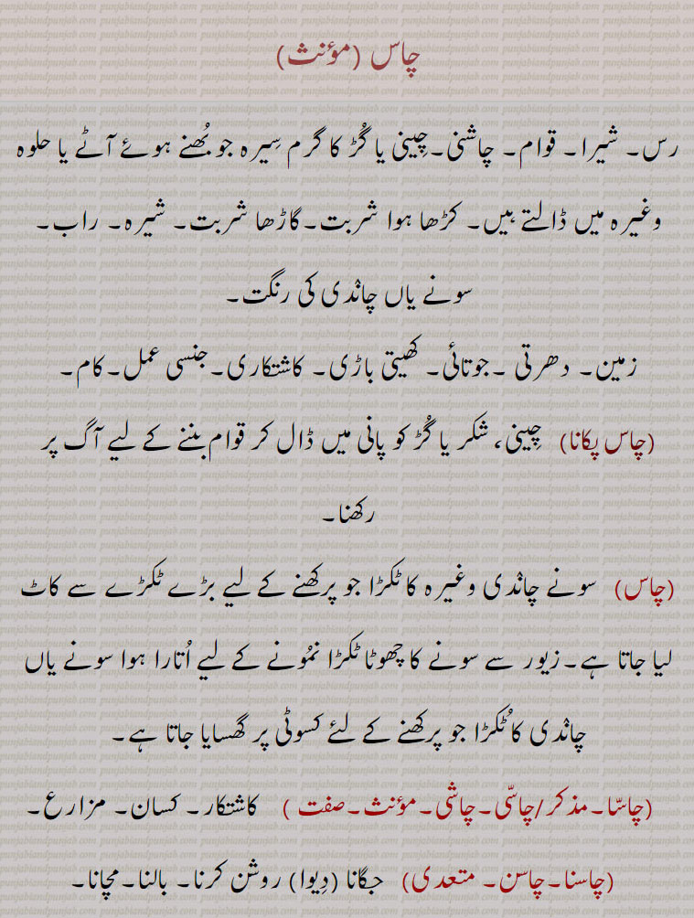 chas ,ਚਾਸ, ਚਾਸਣੀ, ਚਾਕਸੂ, ਚਾਸਕੂ, ਚਾਸ,  ਚਾਸਣੀ, ਚਾਕਸੂ, ਚਾਸਕੂ, چاس,رس, شیرا, قوام, چاشنی,چِینی یا گُڑ کا گرم سِیرہ جو بُھنے ہوئے آٹے یا حلوہ وغیرہ میں ڈالتے ہیں, کڑھا ہوا شربت,گاڑھا شربت, شیرہ, راب, سونے یاں چانٛدی کی رنگت,زمین, دھرتی ,جوتائی, کھیتی باڑی, کاشتکاری,جنسی عمل,کام,چاس پکانا,  چِینی، شکر یا گُڑ کو پانی میں ڈال کر قوام بننے کے لیے آگ پر رکھنا,سونے چانٛدی وغیرہ کا ٹکڑا جو پرکھنے کے لیے بڑے ٹکڑے سے کاٹ لیا جاتا ہے,زیور سے سونے کا چھوٹا ٹکڑا نمُونے کے لیے اُتارا ہوا سونے یاں چانٛدی کا ٹُکڑا جو پرکھنے کے لئے کسوٹی پر گھسایا جاتا ہے,چاسّا,چاسّی,چاشی, کاشتکار, کسان, مزارع,چاسنا,چاسن, جگانا (دِیوا) روشن کرنا, بالنا,مچانا,چاسکُو,چاکسُو,  بنار, ایک قِسم کا درخت اور اُس کے کالے بِیج جن کو  پیس کر دُکھتی آنکھوں میں ڈالتے ہیں، لوگ ان کو پنٛجیری وغیرہ میں ڈال کر بھی کھاتے ہیں کیونکہ یہ وائی (بادی) کو رفع کرنے کے لیے بڑے مفید ہوتے ہیں,دروب کے بیج,چاشنی, چاس, چاہنی, شِیرہ, شربت, چِینی یا گُڑ وغیرہ کا کڑھا ہوا گرم شربت, کھٹّا مِٹّھا مِلایا ہوا شربت, لذّت, ذائقہ, مخصُوص مزہ یا لذّت, مزہ, سواد, خوشبو, رنٛگن, مِٹھاس, کوئی چِیز جو چبانے لائق ہو, وہ کڑاہی جس میں شربت پکایا جاتا ہے,چاشنی چکھنا, مزہ لینا, سواد چکھنا, Syrup; thickened/warm solution of sugar in water, fondant.,chaasni,   A kind of syrup, flavour, relish, a mixture of sweet and sour; a vessel in which syrup is prepared.,chaaskoo, chaaksoo,   A kind of medicinal seed good for opthalmia/body pains or as blood purifier, Cassia absus. 
