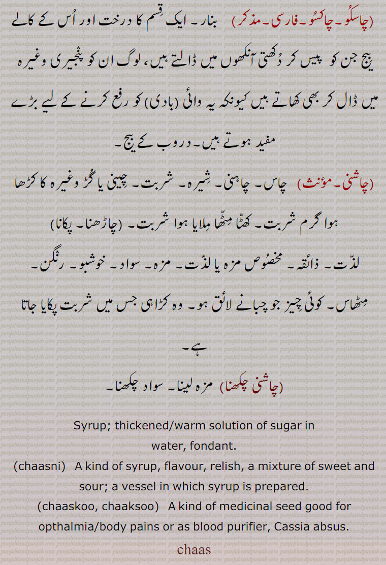 chas ,ਚਾਸ, ਚਾਸਣੀ, ਚਾਕਸੂ, ਚਾਸਕੂ, ਚਾਸ,  ਚਾਸਣੀ, ਚਾਕਸੂ, ਚਾਸਕੂ, چاس,رس, شیرا, قوام, چاشنی,چِینی یا گُڑ کا گرم سِیرہ جو بُھنے ہوئے آٹے یا حلوہ وغیرہ میں ڈالتے ہیں, کڑھا ہوا شربت,گاڑھا شربت, شیرہ, راب, سونے یاں چانٛدی کی رنگت,زمین, دھرتی ,جوتائی, کھیتی باڑی, کاشتکاری,جنسی عمل,کام,چاس پکانا,  چِینی، شکر یا گُڑ کو پانی میں ڈال کر قوام بننے کے لیے آگ پر رکھنا,سونے چانٛدی وغیرہ کا ٹکڑا جو پرکھنے کے لیے بڑے ٹکڑے سے کاٹ لیا جاتا ہے,زیور سے سونے کا چھوٹا ٹکڑا نمُونے کے لیے اُتارا ہوا سونے یاں چانٛدی کا ٹُکڑا جو پرکھنے کے لئے کسوٹی پر گھسایا جاتا ہے,چاسّا,چاسّی,چاشی, کاشتکار, کسان, مزارع,چاسنا,چاسن, جگانا (دِیوا) روشن کرنا, بالنا,مچانا,چاسکُو,چاکسُو,  بنار, ایک قِسم کا درخت اور اُس کے کالے بِیج جن کو  پیس کر دُکھتی آنکھوں میں ڈالتے ہیں، لوگ ان کو پنٛجیری وغیرہ میں ڈال کر بھی کھاتے ہیں کیونکہ یہ وائی (بادی) کو رفع کرنے کے لیے بڑے مفید ہوتے ہیں,دروب کے بیج,چاشنی, چاس, چاہنی, شِیرہ, شربت, چِینی یا گُڑ وغیرہ کا کڑھا ہوا گرم شربت, کھٹّا مِٹّھا مِلایا ہوا شربت, لذّت, ذائقہ, مخصُوص مزہ یا لذّت, مزہ, سواد, خوشبو, رنٛگن, مِٹھاس, کوئی چِیز جو چبانے لائق ہو, وہ کڑاہی جس میں شربت پکایا جاتا ہے,چاشنی چکھنا, مزہ لینا, سواد چکھنا, Syrup; thickened/warm solution of sugar in water, fondant.,chaasni,   A kind of syrup, flavour, relish, a mixture of sweet and sour; a vessel in which syrup is prepared.,chaaskoo, chaaksoo,   A kind of medicinal seed good for opthalmia/body pains or as blood purifier, Cassia absus. 
