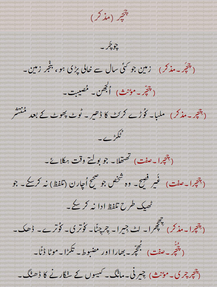 chachr, ਚਚਰ, ਚੀਚਰ, ਚਿਚਰੀ, چچر ,چوچر,زمین جو کئی سال سے خالی پڑی ہو، بنجر زمین, الجھن, مصیبت, ملبا, کوڑے کرکٹ کا ڈھیر, ٹوٹ پھوٹ کے بعد منتشر ٹکڑے, چچرا,تھتھلا, جو بولتے وقت ہکلائے, غیر فصیح, وہ شخص جو صحیح اچارن (تلفظ) نہ کرسکے, جو ٹھیک طرح تلفظ ادا نہ کر سکے,  چھچھرا, لٹ جیرا,چرچٹا, کوتری, کوترے, ڈھک, بھچر,بھارا اور مضبوط, تکڑا,موٹا ڈٹا,چچرچری,  چیرنی,مانگ, کیسوں کے سنگارنے کا ڈھنگ, چچری, آتو لگان, ایک نبات,  ایک چھوٹا پتلا جھاڑی دار پودا جو پنجاب کے ہمالیہ پہاڑ پر عام ملتا ہے,, چچرینڈا, چچرینڈھا,چچینڈا, ایک قسم کی ترکاری, وہ توری جو کدو کی قسم کی ہوتی ہے , Berberis vulgaris.,chichar,  Debris.,chachra,  Stammering.,chichra, Used of one who pronounces incorrectly; Achyranthes aspera; Butea frondos.,chachri,  Mysrine africana. ,chichri, A small, rather slender, shrubby plant (Plectranthus rugosus), abundant in the Panjab Himalaya, and occuring in the Salt Range. In those places it is used as bedding to keep off fleas , chachr,  chachar, 