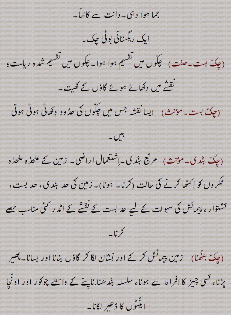  ਚਕੱ, ਚੱਕ ਪਾਉਣਾ, ਚੱਕਬੰਦੀ, چکّ,چَونک,سیس پھول, چوٹی کی چڑ کے اوپر لگانے کی کٹوری یا کسی پھول کی شکل کا زیور جو خصوصیت سے پنجاب اور دکن میں رائج ہے,گلے کا ایک زیور, , چَق ,چک وِچ جُتِیاں پاڽا,   بہت ذلیل کرنا, تِلوَنٛگ, کُن٘وئیں کا لکڑی کا گول بُنیادی چکّر, کن٘وئیں کی دیوار کی نِچلی لکڑی کا چَوکھٹ, لکڑی کا وُہ گول پہیّا جِس پر کن٘وئیں کی دیوار اُسارتے ہیں,  کن٘وئیں کی سوت کا من٘ہ, کن٘وئیں کا گھیرا,کن٘ویں کے چاک (گھرنی) کا اڈا جس پر چاک لگایا جاتا ہے, پارچھا, پاڑ, ٹانٛڈا, کرگھے کی رسیوں سے بنٛدھا ہوا ڈنٛڈا جس سے چک ڈور نیچے کی طرف جاتی ہے,وہ پہیّا جس پر چرس یا ڈول کی رسی کھن٘چی جاتی ہے,زمین یا فارم جو کن٘وئیں سے آبپاشی ہو, کمہار کا پہیّا جِس پر وُہ برتن بناتا ہے, گول چکر, دائرہ, وہ برتن جس میں کاڑھی ہوئی رَس ٹھنٛڈی کرنے کے لیے ڈالتے ہیں,گُلھاڑی کا چک جِس میں شکّر بنتی ہے,چھوٹا گاؤں,کھیڑا, پٹی, پوروہ,,پِنٛڈ, زمین پر نیا آباد شدہ گاؤں,گاؤں کی جگہ, زمین کا قطعہ (بھوں),دھرتی کا پاسا (علاقہ) مثلاّ چارے چکّ جگِیر ہونا بمعنی سب جگہ اختیار ہونا,گاؤں کی پڑتی اراضی کا کوئی حصہ جس کو سرکار گاؤں کے رقبے سے خارج کر کے کسی دوسرے شخص کو سنٛد کے ذریعے کاشت اور آبادی کے لیے دے کر مالک بنادے,گاؤں سے ملحق کھیتوں کا تقسیم شدہ قطعۂ زمین, یکجا علاقہ کاشت جو ایک کاشتکار کے ہل کے نیچے ہو,زمین کے خِطے,جما ہوا دہی,دانت سے کاٹنا,,ایک ریگستانی بوٹی چک,چکّ بست,چکّوں میں تقسیم ہوا ہوا,چکوں میں تقسیم شدہ ریاست؛ نقشے میں دکھائے ہوئے گاؤں کے کھیت,چکّ بست,ایسا نقشہ جس میں چکّوں کی حدُود دِکھائی ہوئی ہوتی ہیں,چکّ بنٛدی, مربّع بنٛدی,اِشتعمال اراضی, زمین کے علحدٰہ علحدٰہ ٹکروں کو اِکٹھا کرنے کی حالت (کرنا, ہونا),زمین کی حد بندی, حد بست, کشتوار, پیمائش کی سہولت کے لیے حد بست کے نقشے کے انٛدر کئی مناسب حصے کرنا,چکّ بَنُھنا, زمین پیمائش کر کے اور نِشان لگا کر گاؤں بنانا اور بسانا,پھیر پڑنا, کسی چیز کا افراط سے ہونا, سلسلہ بنٛدھنا.ناپنے کے واسطے چوکور اور اون٘چا این٘ٹوں کا ڈھیر لگانا,چکّ پھیر, چکّر کا گیڑا,چکر کاٹنا, لہرانا, آس پاس گھومنا,چک پھیری,  کُمہار کا چکّر,چک چِینٛگلی, ہریالی, بچّوں کا ایک کھیل,چکّ دار, چکّ کا مالک, کسی خاص حد بنٛدی والی زمین کا مالک, کنوئیں کا مالک جِس کو سیلاہدار بھی کہتے ہیں,چکّ یعنی کن٘وئیں کی بُنیاد ( نہ کہ زمین) کا مالک,
مضارع کی ملکیّت کی وہ زمین کا حق جو کہ اُس کو کُن٘واں لگانے کے عوض مِلتی ہے اور اُس پر وہ  لِچھ یا کسُور ادا کرتا ہے (ایسی ملکیّت جدّی ہوتی ہے),مالکانِ ادنیٰ,چکّ داری, چکّ دار کا حق,مالکی, چکدار کا حق ملکیّت,چکّ ڈھالنا, روز کی عادت بنا لینا,چکّ زیر سدما,    گاؤں کی زمین کی تقسیم جو کہ دریا کے کٹاؤ پر مبنی ہو,چکّ لٹّھی, وہ ہتّھی (لاٹھی یا لکڑی) جس سے کمہار چکّ کو گُھماتا ہے,چکّ لکّر, چکّ لٹّھی,چکّ لیٹی,  چکّ لٹّھی,چکوائی,  کِیلی جس پر (کمہار کا) چکّ گُھومتا ہے,chakk, A division of land with defined boundries; the mouth; a circle; the circular wooden frame on which the wall of a well is built, a circular wooden foundation for a well (Tilwang);  a potter's wheel; a large vessel , the land of a village; village especially one in a canal colony; a compact piece of agricultural land; a block of land, a newly founded village on State land. The word generally implies a sense of ronndness; a farm or land supplied with water from the well; congealed milk;  a circle; a bite.,chakk bannhna,  To measure out a piece of land (to be given to some one) and set up marks around it, to inhabit a village; to whirl rapidly round., chakk pauna,  To place chakk at the bottom of a well usually ceremoniously; to start constructing the wall of a well, to inaugurate construction.,chakk bandi,  Demarcation of land of a chakk ; division of land into compact portions. ,chakdaar, The owner of the chak; circular wooden frame on which the masonry cylinder of a well is built. Hence chakdaar means owner of the well, as opposed to owner of the land attached to the well; a proprietor of a tenure of land, granted to those who sink wells in the land of large landowners. They are not liable to ejection, and the tenure is heritable, he can locate tenants, but the landowner is entitled a certain part of the produce, called  lichh, ,on banks of the Indus, and Kasiir on banks of Chenab. ,chakdaari , The tenure of a chakdaar. ,chakk bannhna,  To measure out a piece of land (to be given to some one) and set up marks around it, to inhabit a village.,chak lakkar,  The stick for turning a potter’s wheel.,chak-zer Sadma,A division of village land subject to river erosion.,chakk, chak, 
