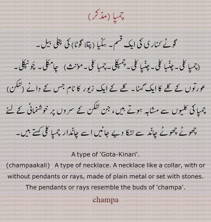 چمپا,گوٹے کناری , سکیا, گوٹا  کی   بیل,چمپا کلی,چنبا کلی,چنپا کلی,چمپکلی,چمبا کلی,   چامکلی, چونپکلی,  گلے کا ایک گہنا, زیور , چمپا کی کلیوں سے مشابہ , چاندار چمپا کلی , A type of 'Gota-Kinari', champaakali,  A necklace, champa, ਚੰਪਾ,  ਕਲੀ ਚੰਪਾ,چمپا,گوٹے کناری , گلے کا ایک گہنا, زیور , 