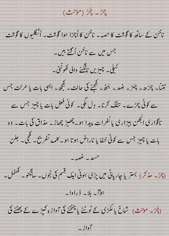   چڑ,chaR, chiR,ਚਡ਼, ਚਿਡ਼, ਚੜ, ਚਿੜ, چڑ, چڑ ,ناخن کے ساتھ کا گوشت کا حصہ,,, ناخن کا اچڑا ہوا گوشت, انگلیوں کا گوشت جس میں سے ناخن اگتے ہیں,کیلی, چیزیں ٹانگنے والی کھونٹی,تتنا, چڑھ, چہڑ, ضد, ہٹھ, کھجنے کی حالت, کھجھ, ایسی بات یا حرکت جس سے کوئی چڑے, تنگ کرنا, دل لگی,  کوئی فعل بات یا چیز جس سے ناگواری الجھن بیزاری یا نفرات پیدا ہو,چھیڑ چھاڑ, مذاق کی بات, وہ بات یا چیز جس سے کوئی خفا یا ناراض ہوتا ہو,کلمۂ تفریح, کھجی, جلن حسد, غصہ,, بستر یا چارپائی میں پڑی ہوئی ایک قسم کی جوں, مانگنو, کھٹمل, ہؤآ,بلا, ڈراوا,چڑ, مؤنث)   شاخ یا لکڑی کے ٹوٹنے یا چٹخنے کی آواز؛ کپڑے کے پھٹنے کی آواز,برمے کا درمیانی حصہ جس میں بھلا پھنسا ہوتا ہے, خرادی کا اوزار,چھوٹے بازوؤں کا چھکو, زیادہ بڑھ چڑھ کر, بڑھا چڑھا، بلند، اونچا.,  ابھار، اٹھان ، رک : چڑھاؤ,  فرج (عورت کی) شرمگاہ ,,چڑوا,چڑْوا.  ابلے ہوۓ دھان کو کوٹ پھٹک کر یا سل کے نیچے وزن اے پھہ کر چپٹے کر کے بنایا ہو, چبینا جسےتل کر یا بھون کر استعمال کرتے اور حسب منشا نمک مرچ یا دودھ میٹھا ملالیا کرتے ہیں, جمع چڑوے، چروے یا چدوڑے مستعمل ہے.Hangnail, agnail; The skin which grows finger nails, at their proximallud, a peg for hanging things on; A bug bear;  Yexation, provocation; a bed louse; a turner’s tool.  