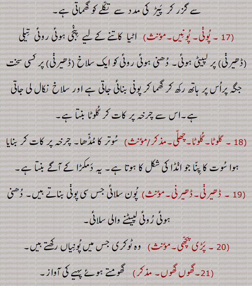   چرخہ, چرخا, کاڈھ, پھڑھ, من,  منا , مناں, چکر,پڑ,  چکوا, پھرکی, پھرئی, پہیا, مجھیرو,منجھیرو,مجیرو,     
ہتھڑی, دھرا, دھر, گجھ۔لٹھ, ہتھی, ہتھا, گھیرنی, گڈّی,  چرمکھ,  چرمکھاں,  چمرکھ,  پھلڑی, بیڑ,باڑھ, کسن, پھالی,  تکلا, ترکلا, بھروہل, بہروہل, بھرول, بھڑول, دمکڑا, پیڑ, پلنڈھ, پلان,منکا, مالھ, پُوڽی, پُونِیں, گلوٹا, پَڑی پچّھی,۔گھوں گھوں, چھلی,اَٹّی, اَن٘ٹی, اٹیرنی , اٹیرن, گِٹھ, اٹیروا, اُٹیرنا, ڈھیرا, ڈھیرُو, ڈھیرنی, ڈھیرنا,ڈھیرنی, چرخڑی,لاٹو,ڈھیرنا, ڈھیؤ,kaadh,munna, munnaaN,  ਮੁੱਨਾ , ਮੁੱਨਾਂ ,guddi, chamrakh,  ਚਮਰਖ , majheroo, ਮਝੇਰੂ , gujjh, ਗੁੱਝ , Bharohal, Bharol, The axle of a chakli ,baiR,  ਬੈੜ,manka,  ਮਣਕਾ , takklá, damkaRa, ਦਮਕਡ਼ਾ, hathRi, ਹਥਡ਼ੀ ,takkla, bharol, ਭਰੋਲ , ਤੱਕਲਾ,maalh,  ਮਾਲ੍ਹ,aTeran, ਅਟੇਰਣ, ਅੱਟੀ,Dhera, Dheroo, ਢੇਰਾ, ਢੇਰੂ ,aTTi,  ਅੱਟੀ,  