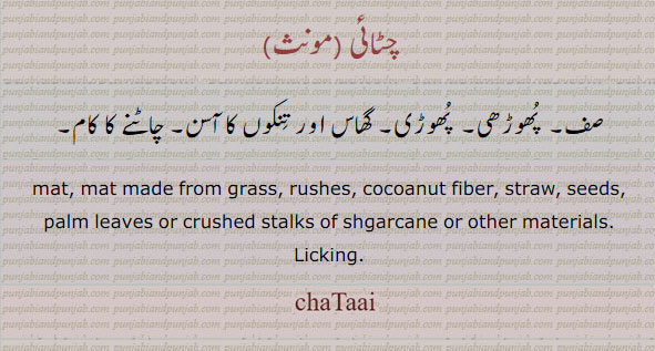  چٹائی ,chataaee , chataai, chtaee ,چٹائی ,chataaee , chataai, chtaee, chatai ,ਚਟਾਈ,Licking; a mat made of grass, rushes, palm leaves, cocoanut fibre, sugar-cane stalks or other materials.صف۔ پھوڑی۔ گھاس اور تنکوں کا آسن۔ چاٹنے کا کام۔, 