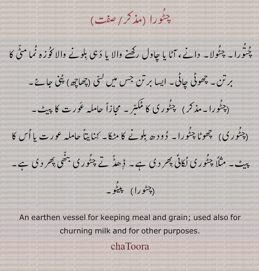  ,chatoora , ਚਟੂਰਾ, chatoori, ਚਟੂਰੀ,چٹورا  ,چتورا, چٹولا, دانے، آٹا یا چاول رکھنے والا یا دہی بلونے والا کوزہ نما مٹی کا برتن, چھوٹی چاٹی, ایسا برتن جس میں لسی (چھاچھ) پنی جائے,چٹورا, چٹوری کا مکبر, مجازاً حاملہ عورت کا پیٹ,چٹوری, چھوٹا چٹورا, دودھ بلونے کا مٹکا, کنایتاً حاملہ عورت یا اس کا پیٹ, مثلاً چٹوری لکائی پھردی ہے, ڈھڈ تے چٹوری بنھی پھردی ہے,چٹورا,  پیٹو,An earthen vessel for keeping meal and grain; used also for churning milk and for other purposes.,chaToora 