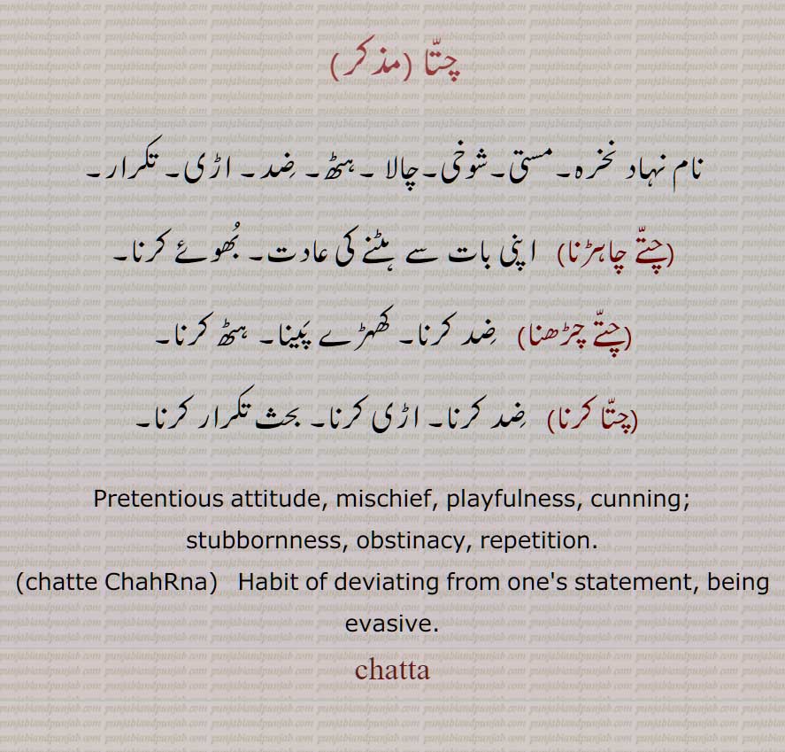     چتّا , چتا , نام نہاد نخرہ,مستی,شوخی,چالا ,ہٹھ, ضِد, اڑی, تکرار, چتے چاہڑنا, چتے چڑھنا, چتا کرنا , Pretentious attitude, mischief, playfulness, cunning; stubbornness, obstinacy, repetition, chatte ChahRna,chatte ChaahRna ,chatte karna , chatta, ਚੱਤਾ, 