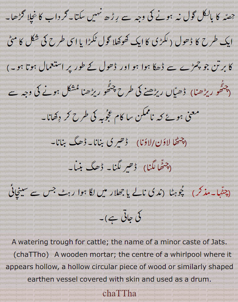   چٹھ ,chatth,ਚਠੱ,چٹھا ,  chaTTha  , ਚਠੂੱ,
چٹھ ,جٹھ, پرویش,پرتشٹا, نئے گھر میں پرویش (بسنے)سے پہلے کی جانے والی رسم جو کہ ہندؤں کے ہاں براہمن جولنا ہے,مہورت, آرنبھک (شروع کرنے والی) رسم,  چٹھ کرنا,چٹھ منانا ,چٹھ, چٹھ, چول, بدُو, کنجوس,شوم, اینٹ یا پتھر کا  ٹکڑا,The ceremony of feeding Brahmans and others on such special occasions, as the consecration of a well, tank, or house. This is done to expiate the guilt supposed to have accrued to those concerned in the work by the killing of insects in the process of digging the well and raising the buildings; chaTTh karna, chaTTh karni.chath A miser, miserly.chaTTh,چٹھا ,چٹا,لوہے کی پلیٹ, پاڑچھے کے راستے مٹ یا باہے میں جاتی ہے,ترتیب سے لگائی ہوئی پختہ ایینٹوں یا شہتیروں کا ڈھیر, (چٹھا لانا,چٹھا لگنا),کچے کنوئیں کی من پر رکھا ہوا لکڑی کا تختہ جس پر بوکا وغیرہ سے پانی گرایا جاتا ہے,,جسم کی جلد کا داغ، دھبا,,چٹھا,مویشیوں کو پانی پلانے کا چوڑا برتن (دورا), کتے وغیرہ کے پینے کا برتن,چٹھو , چٹو,لکڑی وغیرہ کا اکھل , گول نہ ہونے کی وجہ سے رڑھ نہیں سکتا,گرداب کا نچلا گڑھا, ایک طرح کا ڈھول ( لکڑی کا ایک کھوکھلا گول ٹکڑا ی, مٹی کا برتن جو چمڑے سے ڈھکا ہوا ہو اور ڈھول کے طور پر استعمال ہوتا ہو,,چٹھو ریڑھنا,ڈھیاں ریڑھنے کی طرح چٹھو ریڑھنا مشکل ہونے کی وجہ سے معنی ہوئے کہ ناممکن سا کام عجوبہ کی طرح کر دکھانا,چٹھا لاون/لاونا, ڈھیری بنانا,ڈھگ بنانا،,چٹھا لگنا,   ڈھیر لگنا, ڈھگ بننا,چٹہا,  چوہٹا ,A watering trough for cattle; the name of a minor caste of Jats.,chaTTho)   A wooden mortar; the centre of a whirlpool where it appears hollow, a hollow circular piece of wood or similarly shaped earthen vessel covered with skin and used as a drum.,chaTTha, ਚਠਾੱ 