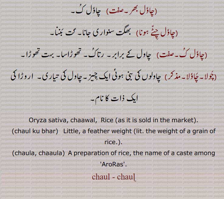   دھان میں سے نکلنے والا سفید اناج۔, بگڑ,ساٹھی چاول,ڈھنن , ڈھنجن ,باس (بانس) پتی, ہنسراج, داؤد خانی, منیا, رائے منیا, سن کھرچا (سون کھرسا), ناگپوری, فتح پوری, دل بادلا, بندلا, بنگی, موتھا, سموجا, سماکی, سکھانند, سکھ داس, سون پت, شکر چینی, شوگھا, چٹا,باسمتی,چاؤل بھر, چاؤل ک,چاؤل چٹے ہونا,چولا, Oryza sativa,rice,  chaul,chaawal, ਚੌਲ਼, ਚੌਲ,ਚਾਵਲ, چاؤل, چاول۔ چول۔چاور۔,  
