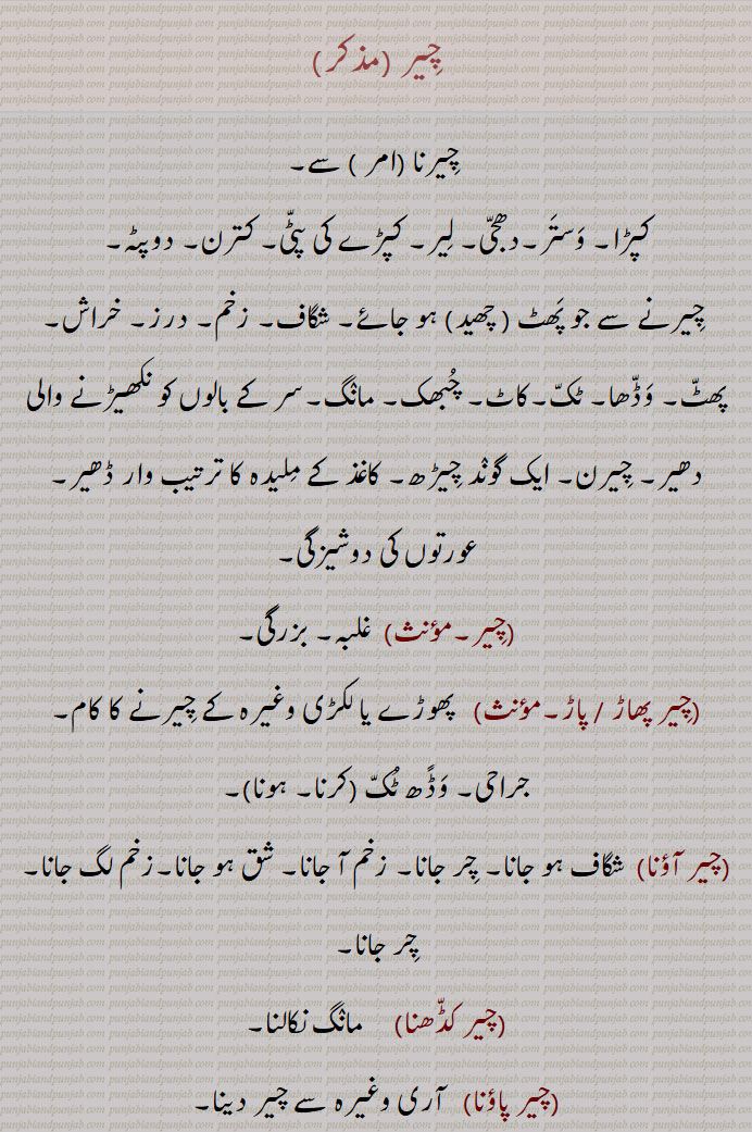   چیر,  چیرنا ,کپڑا, وستر,دھجی, لیر, کپڑے کی پٹی, کترن, دوپٹہ,
 چیرنے سے جو پھٹ ( چھید) ہو جائے, شگاف, زخم, درز, خراش, پھٹ, وڈھا, ٹک,کاٹ, چبھک, مانگ,سر کے بالوں کو نکھیڑنے والی دھیر, چیرن, ایک گوند چیڑھ, کاغذ کے ملیدہ کا ترتیب وار ڈھیر,عورتوں کی دوشیزگی,,  غلبہ, بزرگی,,چیر پھاڑ / پاڑ,   پھوڑے یا لکڑی وغیرہ کے چیرنے کا کام, جراحی, وڈًھ ٹک ,چیر آؤنا, شگاف ہو جانا, چر جانا, زخم آ جانا, شق ہو جانا,زخم لگ جانا, چر جانا,,چیر کڈھنا, مانگ نکالنا,,چیر پاؤنا,  آری وغیرہ سے چیر دینا,,چیرا اتارنا, کسبیوں کی اصطلاح میں ازالۂ بکارت کرنا, بکارت توڑنا, بے عزت کرنا ,آبرو لینا, عزت لینا,,چیر پھاڑ, وڈھ ٹک,کاٹ کوٹ, کاٹ چھانٹ,فن تشریح, جراحی کا عمل, کسی درندے کے چیر کھانے کا عمل,,چیر پاڑ / پھاڑ کرنی,   ٹکڑے ٹکڑے کرنا,  پھاڑ کے رکھ دینا,جراحی کا کام کرنا,,چیرا,  چیر, ٹک, پھٹ, گھاؤ, وڈھا, پھوڑے وغیرہ میں نشتر وغیرہ سے شگاف دینا, شگاف, زخم, شگاف نشتر,تیز دھار ہتھیار کا زخم, بالوں کا چیر، مانگ, چیر, مانگھ، مانگ,بکارت, دوشیزہ, عورت کی دوشیزگی, چوپٹ وغیرہ میں   کاٹے والا گھر, ایک قسم کی منقش پگڑی، سرخ رنگ کی دھاری والی پگ, چیلا, مرید, شاگرد,دلیری, بہادری,,نوکر,  چاکر, پیلی (کھیت) کی مثلثی تقسیم, حد بندی,,چیرا دینا, آری سے،  چیرا جانا,ٹکڑے کرنا, پھوڑے وغیرہ کو نشتر مارنا,,چیرہ توڑنا, چیرا اتارنا,,چیرا دینا,چیرا لگانا,  پھوڑا وغیرہ چیرنا, شگاف دینا, زخم لگانا, نشتر مارنا,,چیرائی, چرائی,,چیرا لگنا,  چھکڑی میں ارد گرد کی قطاروں میں آٹھ گھروں میں سے  نیچے کے چوتھے گھر پر جو چیرے کا نشان ہوتا ہے، اس پر گوٹ کا آ جانا، جہاں وہ مرتی نہیں,,چیرم,سر کا چیر, چیرن,,چیرن,سر کے بالوں کو دو حصوں میں بانٹنے والی لکیر, چیر, چیرم,,چیرنا, پاڑنا, وڈھنا, کٹنا, کلہاڑی ,,  آری کا کاٹ کر کھولنا, پھاڑنا, نشتر سے کھولنا (پھوڑا وغیرہ), ایک اوزار جس سے ہاتھی دانت میں چوڑیوں کی کٹائی کے گہرے نشان لگائے جاتے ہیں, عبور کرنا, گزرنا,,چیرنی,  چیرمی, ساگ سبزی کی مٹھ, اتنی سبزی جتنی ایک بار مٹًھی میں پکڑ کر چیری جا سکے, چیرن, سر کے بالوں کو دو حصوں میں بانٹنے والی لکیر, چیر, ایک درخت, چھیڑو,,چیڑو, چیرنے والا, چیڑو, گلہ بان,,چیرواں,  چیر کر بیچ سے گزرا ہوا, چیرا ہوا, چیرنے لائق, جو چیرا جا سکے, چیرے والا, جس میں چیر ہو, چیریا ہویا, وکھ کیتا ہویا,,چیرواں, چیرویں, چیرون,,   کاٹ کر کھولی ہوئی کھجور جو خشک کی ہوئی ہو, سوکھے ہوئے بیر,,چیرون,  چیرواں,,چیرویں,چیرواں, کھجور جس میں سے گٹک نکال دی گئی ہو, سوکھے ہوئے بیر, چری ہوئی, منجی بنن دا اک ڈھنگ,,چیرویں کنی,چادر کھیس وغیرہ کی کنی جس میں کوئی دوسرے رنگ کی باریک دھاری ڈالی ہوئی ہوتی ہے,,چیری,چیرنی, باندی, کنیز, چھوکری,نوکرانی, گولی, لونڈی, چیلی, مریدنی, شاگردنی, چھوٹا چیرا,, "چٹھی,رقعہ, خط, پروانہ, مجازاً اعمال نامہ,کتر, دھجی,,چیرویں کوڈی,وہ کوڑی جس میں کھلینے والے کو مخالفین سے چیر کر جانا ہوتا ہے,,چیریا  پھاڑیا,  پھٹا ہوا,,چیرنا, پھاڑنا, ٹکڑے کرنا, شگاف دینا, شق کرنا, چرانا, لینا جیسے مال چیرنا,تراشنا,کاٹنا جیسے تختے چیرنا, پھٹ ,  لانا,وڈھنا,عبور کرنا,طے کرنا,,چیرو, کچی اینٹیں, اوڈاں دیاں اٹاں, کھیت میں گیلی مٹی کو داتری سے چیر کے بنائی اینٹیں,رنگیا ہویا سوتر,گچھا, لچھا,سرخ رنگ کا کچا سوت جو ولایت سے آتا ہے,, چیرے,  چیرا کی جمع,,چیرے بند,دوشیزہ, کنواری عورت,باکرہ, چیرا باندھنے والا,دستار بند,, چیرے والا,وہ شخص جو چیرا باندھے یعنی پگڑی والا, حکیم, طبیب, بید, معالج,کنگنی کی ہو یعنی جس نے بال سنوارے ہوئے ہوں,مجازاً محبوب,, Slit, rent, rip, tear, fissure; slit made with a saw; slight cut in skin; parting line of hair,cheer aauna,  ਚੀਰ ਆਉਣਾ ,To get a slight cut in skin,cheer kaDhna, ਚੀਰ ਕੱਢਣਾ, To part the hair,cheerna,ਚੀਰਨਾ,To saw, slit, cut, split; to tear, apart, rend, rip,cheerni, ਚੀਰਨੀ , Parting line of hair; a single handful of leafy vegetable to be cut,cheer pauna,  ਚੀਰ ਪਾਉਣਾ, To saw, make a slit,chrre phaaR, ਚੀਰ ਫਾੜ, Surgery, vivisection, dissection, incision, surgical operation, tearing into pieces, laceration,cheer phaaR karni, ਚੀਰ ਫਾੜ ਕਰਨੀ,To incise, dissect, vivisect, operate upon,cheerwaaN, ਚੀਰਵਾਂ adjective Cutting, incisive; sharp,cheera,   ਚੀਰਾ, Cut, incision, lancing (as of a boil); red coloured or striped turban,cheera dena, ਚੀਰਾ ਦੇਣਾ , Incise, lance, operate upon,cheera banhna, ਚੀਰਾ ਬੰਨ੍ਹਣਾ, To wear, tie, don, ਚੀਰ , cheer ,  چیر, chir,