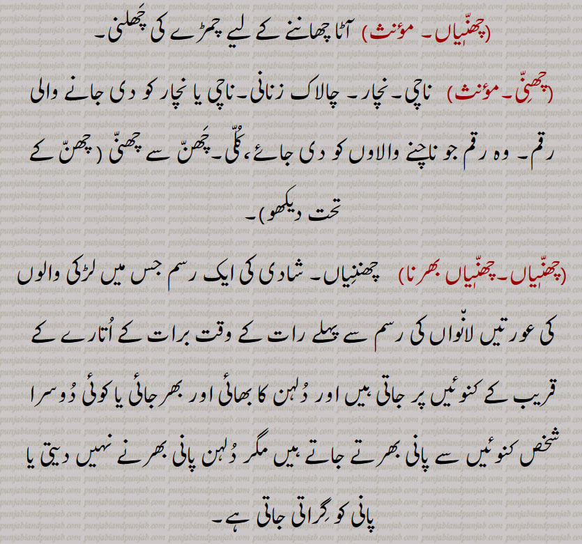  چھنا,چھناں۔,چھڽا ڈینا,چھنی,چھنیاں, Bowl, usually of bronze, chhanna, chhanna, chhanniaaN, A sieve,chhananniaaN bharna, chhanni, chhanna, chhanna  ,ਛੰਨਾ, chhanniaan,  ਛਨੱਣੀਆਂ ,  chhannissN, ਛੱਨੀਆਂ, chhanna,   ਛਣਨਾ,chhanna,  ਛਨਾੱ,  
, بڑی چھننی، غربال ، چھلنا.
, بڑا دھات کا پیالہ .
, 