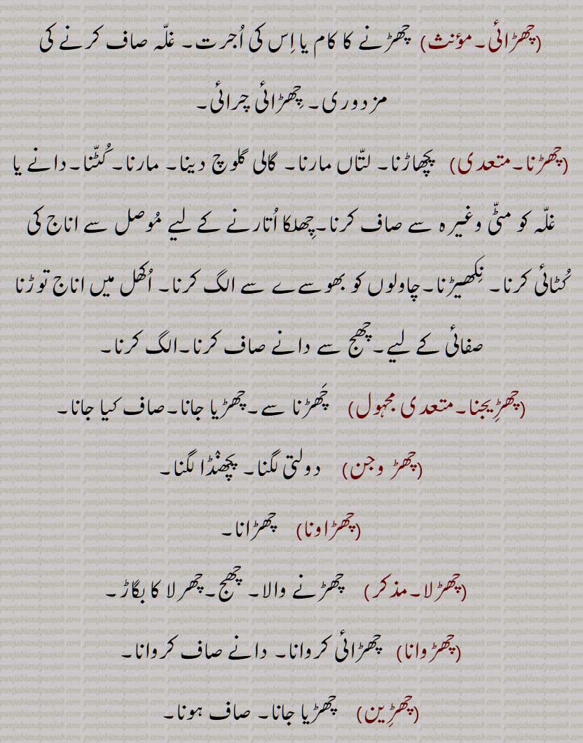  چھڑ,برچھی کا ڈنڈا,مور کا پر,دھات یا لکڑی کا پتلا ڈنڈا, تولا,بڑی مدھانی وغیرہ کا ڈنڈا, بانس کی پتلی لکڑی,دولتی، خصوصاً مویشی کی پچھلی پتلی ٹانگ کی, پچھنڈ, چھڑ پاٹ, چھڑکھانا, چھڑیال, چھڑاں,  چھڑ مارنا,چھڑاں مارنا, چھڑاں کڈھنا, چھھڑیلا,چھڑیل, چھڑیلی, چھڑ چھنڈک کے , چھڑ مارنا, چھڑانا, چھڑائی, چھڑنا, چھڑیجنا, چھڑ وجن,چھڑاونا, چھڑلا, چھڑوانا, چھڑیال, چھڑی, چھڑیاں, چھڑیاں دی مار, چھڑین, چھڑیون, چھڑ, چھڑ پلتا, چھڑ پلیا, چھڑ چھریلا, چھڑ گڈی, چھڑیلا, A bamboo or pole used for a spear handle; the pole of spear; a kind of medicine; kick by kine; shepherd's lopper, pruning hook; pole spike, long metallic rod, shaft, chhaR maarna, chhaR maarni, chhaRai, chhaRauna, chhaRi, chhaReeyaaN, chhaRila, chhaReeli, chhaRna, chhaR, chhaRaaN marna, chhaRna, chhaRwauna, chhaRauna, chhaRwai, chhuRan, chhaRguDDi, chhaRpalliya, chhaR, ਛਡ਼, ਛਡ਼ਾਈ, ਛਡ਼ਾਉਣਾ, ਛਡ਼ੀ, ਛਡ਼ੀਲਾ,  ਛਡ਼ੀਲੀ, ਛਡ਼ਨਾ, ਛੜ, ਛੜਨਾ, ਛੜਾਂ ਮਾਰਨੀਆਂ, ਛੜ ਮਾਰਨੀ, ਛੜਵਾਉਣਾ, ਛੜਵਾਈ, ਛੜਵਾਉਣਾ, ਛੜਾਉਣਾ, ਛੜਾਈ, ਛੜੀ, 