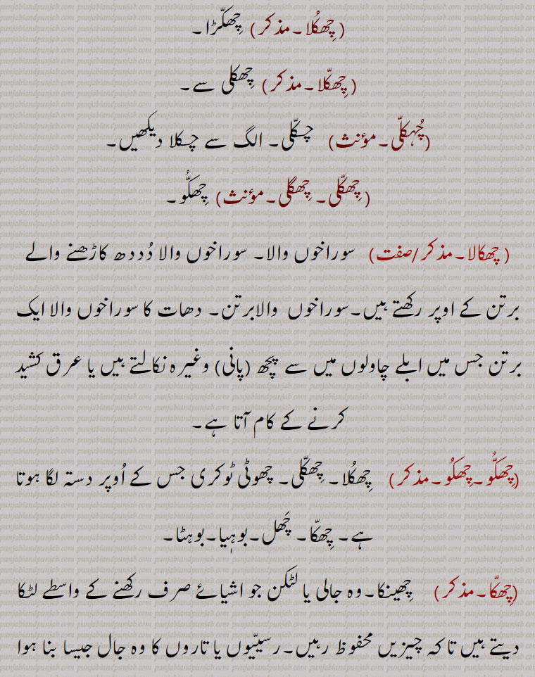  chhikkoo,ਛਿੱਕੂ ,chhikkoli, ਛਿੱਕੁਲੀ ,chhikka, chhika, ਛਿਕਾੱ, ਛਿਕਾ,bahaNgs,chhikkul,چِھکُّل ,لاٹ لٹور کی نسل سے ایک پرنٛد، ایک پرنٛدہ جو سردیوں میں پنٛجاب آتا ہے اور گرمیوں میں پشاور کی طرف سرحدی پہاڑیوں میں گزارتا ہے یہ باشا کی شکل صورت کا ہوتا ہے۔اِس کا رنٛگ خاکی اور سر سفید ہوتا ہے۔یہ چُوہ مار سے علٰحدہ پرنٛدہ ہے۔سِکّہ سے بھرا ہوا۔اخروٹ جس سے بچّے کھیلتے ہیں, سوراخوں والا۔چھیکاں والا۔سوراخوں والا ڈھکنا۔چھکالا, چِھکلی,  چِھکلا سے۔ چِھکّا۔ چِھگلی۔ چِھکُّو۔ وہ جالی جو چوپایوں کے من٘ھ پر لگا دیتے ہیں۔چھوٹا سا جالیدار چِھکّا جو مویشیوں کے مُنھ پر بانٛدھ دیتے ہیں تاکہ وہ کوئی چِیز نہ کھا سکے۔ جیہڑا ڈھوراں دے مون٘ہہ تے چڑھانٛدے نیں۔ چھِکّا۔ مُسکّا۔ اس جال جیسی ٹوکری۔ چِھکّلی۔ چِھکُّو, چِھکُلا,  چِھکُّو, چِھکُلا, چِھکّڑا, چِھکّلا,  چِھکلی سے,چُہکلّی, چکّلی۔, چِھگلی,  چِھکُّو, چھکالا, سوراخوں والا۔ سوراخوں والا دُددھ کاڑھنے والے برتن کے اوپر رکھتے ہیں۔سوراخوں  والابرتن۔ دھات کا سوراخوں والا ایک برتن جس میں ابلے چاولوں میں سے  پچھ (پانی) وغیرہ نکالتے ہیں یا عرق کشید کرنے کے کام آتا ہے,چِھکُّو۔چِھکُو,  چِھکُلا۔ چِھکّلی۔ چھوٹی ٹوکری جس کے اُوپر دستہ لگا ہوتا ہے۔ چِھکّا۔ چَھل۔بوہٖیا۔بوہٹا,چِھکّا, چِھینکا۔وہ جالی یا لٹکن جو اشیائے صرف رکھنے کے واسطے لٹکا دیتے ہیں تا کہ چیزیں محفوظ رہیں۔رسیّیوں یا تاروں کا وہ جال جیسا بنا ہوا ٹوکرا یا ٹنٛگنا جو کھانے پِینے کی چِیزیں رکھنے کے لیے چھت وغیرہ سے لٹکایا جاتا ہے۔چِھکُّو۔ چِھکلی۔جاپ۔ جانوروں کے مُونہہ پر بانٛدھنے والی جالی جو کھنّھی کا کام دیتی ہے۔ جانوروں کا مونہہ بنٛد، مُسکّا۔ایک کھیل کا تنٛد سے بنا بَلّا, چِھکی, چھوٹا چِھکا,چِھکّا,  بہنٛگی کی تنابیں,چِھکّا,چھ کا ہنٛدسہ,A bird who comes to Panjab in winter and spends the summer in the border hills towards Peshawar, is in the form of basha. His thigh is 'khaki' and his head is white. It's separate from the 'chu maar'; filled with coin; walnuts with which children play.,chhikkoo,    A very small basket.,chhikkoli,  A very small basket.,chhikka, chhika,A net, bag by which to hang up things, a network or loop of strings or cords to hang anything on; the strings of a 'bahaNgs'., chhikkul , چھکل ,