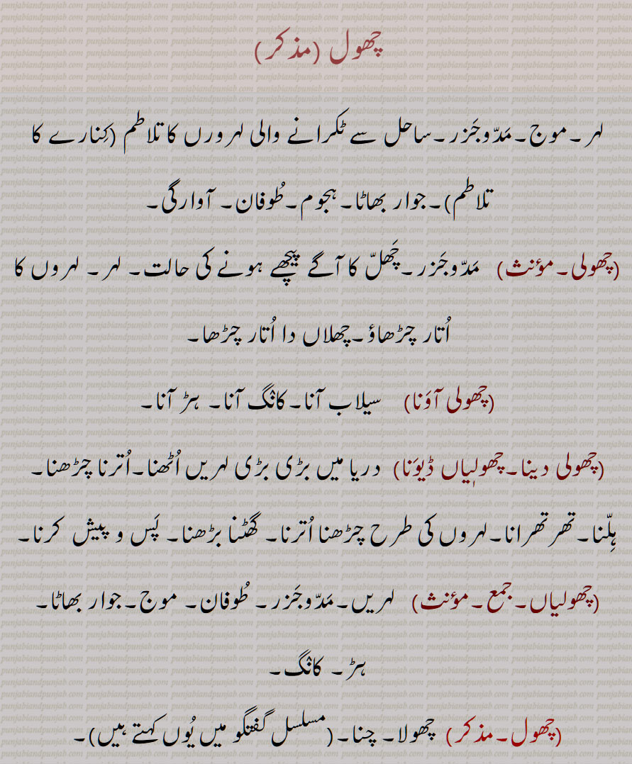   چھول,لہر,موج,مدوجزر,ساحل سے ٹکرانے والی لہرورں کا تلاطم ,کنارے کا تلاطم,جوار بھاٹا,ہجوم,طوفان, آوارگی,چھولی,چھولی آونا,چھولی دینا,چھولٖیاں ڈیونا,چھولیاں,چھول,چھول بوٹے,چھولیا,چھولوآ,چھولے دے  کے  پڑھنا,چھولیاں دا وڈھ,,چھول مٹھی کرنا,چھولی,چھولی,,ਚੋਲਾ, Gram , Cicer arietinum, chhola,,Wave, surge, tides; the turmoil of waves crashing against the shore ,the turmoil of the coast,storm, wandering, chhola, chholiya, chhola, chholla, chholooa, chhol ,Pudmul,  , ਛੋਲ,ਛੋਲਾ, ਛੋਲੇ , ਛੋਲੀਆ, ਛੋੱਲਾ, ਛੋਲੂਆ, 