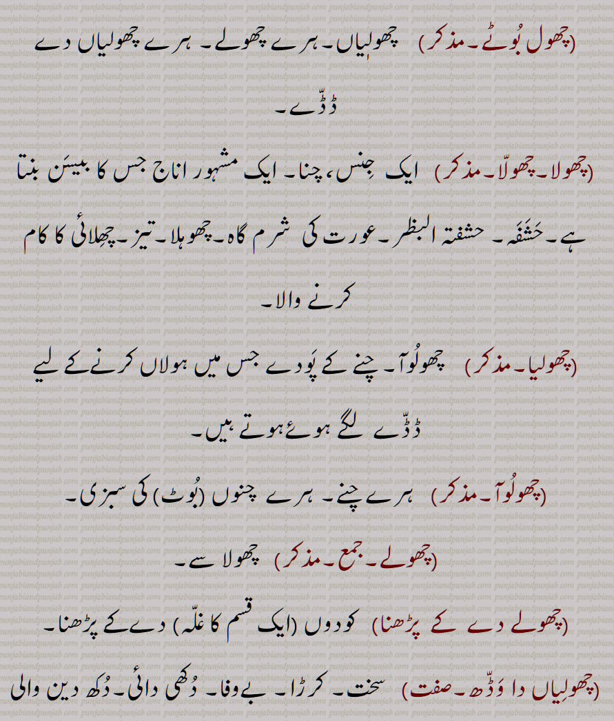   چھول,لہر,موج,مدوجزر,ساحل سے ٹکرانے والی لہرورں کا تلاطم ,کنارے کا تلاطم,جوار بھاٹا,ہجوم,طوفان, آوارگی,چھولی,چھولی آونا,چھولی دینا,چھولٖیاں ڈیونا,چھولیاں,چھول,چھول بوٹے,چھولیا,چھولوآ,چھولے دے  کے  پڑھنا,چھولیاں دا وڈھ,,چھول مٹھی کرنا,چھولی,چھولی,,ਚੋਲਾ, Gram , Cicer arietinum, chhola,,Wave, surge, tides; the turmoil of waves crashing against the shore ,the turmoil of the coast,storm, wandering, chhola, chholiya, chhola, chholla, chholooa, chhol ,Pudmul,  , ਛੋਲ,ਛੋਲਾ, ਛੋਲੇ , ਛੋਲੀਆ, ਛੋੱਲਾ, ਛੋਲੂਆ, 