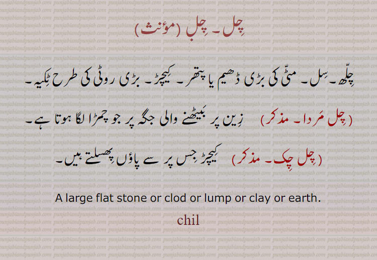   چل,chil,chill,چِل مَردا,چِل چِک,ਚਿਲ਼,ਚਿਲ, large flat stone or clod or lump or clay or earth. چلھ۔ سل۔ مٹی کی بڑی ڈھیم یا پتھر۔ کیچڑ۔ بڑی روئی کی طرح ٹکیہ۔ چل مردا۔ زین پر بیٹھنے والی جگہ پر جو چمڑا لگا ہوتا۔ چل چک۔ کیچڑ جس پر سے پاؤں پھسلتے ہیں۔ 