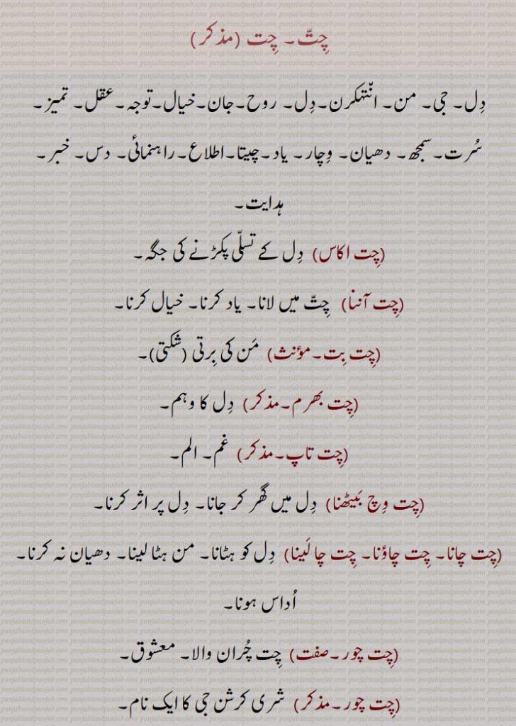     دل۔ جی۔ من۔ انتہکرن۔دل۔ روح۔جان۔خیال۔توجہ۔عقل۔ تمیز۔ سرت۔سمجھ۔ دھیان۔ وچار۔ یاد۔چیتا۔اطلاع۔راہنمائی۔ دس۔ خبر۔ ہدایت,چت اکاس,چت آننا,چت بت,چت بھرم,چت تاپ,چت وچ بیٹھنا,چت چانا, چت چاؤنا, چت چا لینا,چت چور,چت چور,,چت چیتا,چت چیتا نہ ہونا,چت دھرنا,چت ڈاہنا,چت کرنا,چت لانا,چت لگاؤنا,چت لاؤنا,چت لگنا,چت نہ لگنا,چت وڈیرا کرنا,چتوں لہ جانا,چتارنا,,,چتانا, چتاونا,چتاونی,چتاونی پتر,چتاونی,چتلاونا,چتمنا,چتمنی,چتنا,چتواونا,چتونا,چتونی,چتونی,چتینا,ਚਿੱਤ chitt,  چِتّ, چت ,,chitt karna, chitt laana, chitt launa,  chitt logauna, chitt laggna,chitt toN laih jaana,chitt wichch rakkhna,chitt karna,ਚਿੱਤ ਕਰਨਾ,  