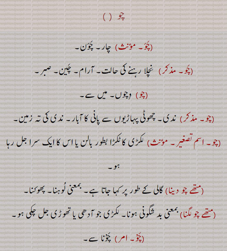  ਚੋ,A creek, a rivulet; a stick of wood partially burnt;, A water-fall in low hills, the bed of a torrent.choa, ਚੋਆ, Water-fall in drops or a stream (as trickling down the side of a rock or from a leaking roof), water oozing from an orifice; Water stratum;choa chandan, channan,   A perfume (musk, ambergris, saffron and the juice of the flowers of the Arbor tristis, ground together to a paste).چو۔ چار۔ چون۔ نچلا رہنے کی حالت۔ آرام۔ چین۔ صبر۔ وچوں میں سے۔ ندی۔ چھوٹی پہاڑیوں سے پانی کا آبشار۔ ندی کی تہ۔ لکڑی کا ٹکڑا بطور بالن یا جس کا سرا جل رہا۔ گالی ۔متھے چو دینا۔ لوہنا۔ پھوکنا۔ بدشگونی۔ کنگی۔ سخت زمین کے لیے ہل کا سرا یعنی پھالا۔ پھاڑ کر شیار بنانا۔  
