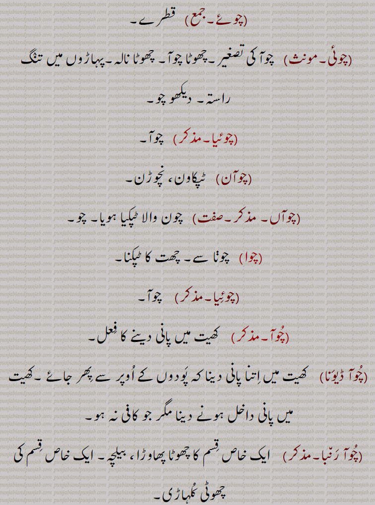    چوآ , چوہا,چوئیا,کہار, چشمہ, سوتا, وہ گڑھا جو دریا کے قریب پانی کے لیے کھودا جائے, جہاں ریت میں سے سم سم کر جمع ہوتا رہتا ہے, برساتی نالہ جو پہاڑ کے پانی ٹپکنے سے بنتا ہے, اگر کی لکڑی سے ٹپکا ہوا تیل, گلاب کیوڑے کا عرق, عطر, تپکا,جو پانی بوند بوند گرے,قدرتی پانی جو زمین سے نکلے, پانی کی سطح,تخم چو, الگ سے دیکھیں چو, چوآ جل,  سنج سنج کر نیچے کو بہنے والا پانی, سم, چوآ چناں,   چوہا چندن, چوآ چندن,چوآ چنن,چوہا چندن,  اگر کا تیل اور چندن, چندن کا تیل, اگر,ایک خوشبو (مشک) یعنی کستوری, زعفران یعنی کیسر اور پھولوں کے رس کا مرکب,چوآ چوآ,,   تپکا تپکا, تھوڑا تھوڑا,قطرہ قطرہ, ذرا ذرا, ٹیپا ٹیکا,چوئے, قطرے,چوئی, ,چھوٹا نالہ,پہاڑوں میں تنگ راستہ,,چوئیا,چوآ,چوآن,  ٹپکاون, نچوڑن,چوآں,  چون والا ٹپکیا ہویا, چو,چوا,   چوڽا سے, چھت کا ٹپکنا,چوئیا,  کھیت میں پانی دینے کا فعل,چوآ ڈیونا,   کھیت میں اتنا پانی دینا کہ پودوں کے اوپر سے پھر جائے ,کھیت میں پانی داخل ہونے دینا مگر جو کافی نہ ہو,چوآ رنبا, ایک خاص قسم کا چھوٹا پھاوڑا, بیلچہ, ایک خاص قسم کی چھوٹی کلہاڑی,چوآ کھن, تھوڑا سا, بوند جتنا,چوآ,  آبپاشی,برسات کی فصل کے طور پر یہ پودا اکثر بیجا جاتا ہے,چوآ کیدری,  چوآ  کی قسم جو کثرت سے نہیں  بیجتے,چوآں,  چوآن,شہاب ثاقب,چوئیں,  چوآں سے,چواتی,چوآں, ایک نہر جو کہ مظفر گڑھ ضلع میں ہے,  چونا سے, جو بوند بوند گرے,موسمی چشمہ,کھاڑی,چھوٹی ندی,نچلی پہاڑیوں میں پانی کا گرنا, تیز بہاؤ, لکڑی جو جزوی طور پر جل گئی ہو,لکڑی جس کا ایک سرا جل رہا ہو,    Water-fall in drops or a stream (as trickling down the side of a rock or from a leaking roof), water oozing from an orifice; Water stratum; Amaranthus paniculatus. ,choia,    See Choa. ,choa chaNdan, choa channaN , A perfume (musk, ambergris, saffron and the juice of the flowers of the Arbor tristis, ground together to a paste). ,choha chaNdan,   See choa chaNdan in Choa. ,choha channan,   See choa chaNdan in Choa. ,choaaN,   A coruscation, a meteor, a falling star: a coruscation made by lighting one end of a stick and twirling it round.,chwaati,  A canal in the Muzzafargarh dustrict is fancifully named chuaN; cho, chuati.  ,choi,  A narrow passage in the hills, a defile; a small stream of water., cho,  A creek, a rivulet; a stick of wood partially burnt; a water-fall in low hills, the bed of a torrent; milk., chooa dewana,  To let water; into the fields, but not, enough to cover the plants.,chuaN,  A coruscation, meteor, falling star, tiro brand; namo of a canal in Mozaffargarh, chwaati., cho kedri,   Amaranthus caudatus.choa,,  ਚੋਆ, choia,  ਚੋਇਆ,choha chaNdan,  ਹਾਚੰਦਨ,choha channan, ਚੋਹਾਚੱਨਣ,choaaN, ਚੁਆਂ,choi, ਚੋਈ,cho, ਚੋ, ਚੋਣਾ, ਚੋਆ,  ਚੋਆ ਪੈਣਾ, ਚੋਸਾ, ਚੌਸਾ , 