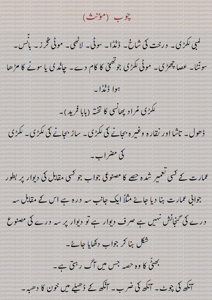 ਚੋਬ, ਚੋਬਦਾਰ, ਚੋਬਦਾਰੀ, ਚੋਬ ਚੀਨੀ,	
ਚੋਬਰ,ਚੋਬੀ,
 چوب ,لمبی لکڑی۔ درخت کی شاخ۔ ڈنڈا۔ سوٹی۔ لاٹھی۔ موٹی گرز۔ بانس۔ سونٹا۔ عصا 
چھڑی۔ موٹی لکڑی جوتھمی کا کام دے۔ چاندی یا سونے کا مڑھا ہوا ڈنڈا,لکڑی مراد پھانسی کا تختہ (بابا فرید)۔
ڈھول۔ تاشا اور نقارہ وغیرہ بجانے کی لکڑی۔ ساز بجانے کی لکڑی۔ لکڑی کی مضراب,عمارت کے کسی تعمیر شدہ حصے کا مصنوعی جواب جو کسی مقابل کی دیوار پر بطور جوابی عمارت بنا دیا جائے مثلاً ایک جانب سہ درہ ہے اس کے مقابل سہ درے کی گنجائش نہیں ہے صرف دیوار ہے تو دیوار پر سہ درے کی مصنوع شکل بنا کر جواب دکھایا جائے,بھٹی کا وہ حصہ جس میں آگ رہتی ہے,آنکھ کی چوٹ۔ آنکھ کی ضرب۔ آنکھ کے ڈھیلے میں خون کا دھبہ۔کار چوبی۔ زردوزی۔ کشیدہ کاری، اسٹاف کلب۔ چوکی پوسٹ، چوب صندل،  صندل رکھ کی لکڑ ،  چوب دار،   جو چوب اٹھا کر امیروں وغیرہ کے آگے چلے۔ ڈنڈا رکھنے والا نوکر عصا بردار، چوبدارنی،  چوبدار کی بیوی،چوب داری،  چوبدار کا کام،چوبا،  تنبو وغیرہ کی۔ چوب والا۔ بہت کھانے والا،چوبی۔   لکڑی کی بنی ہوئی کوئی چیز۔ چوب رکھنے والا۔
چووی = چوبیس،چوبا۔،  نقارچی۔ نقارہ بجانے والا۔ متھرا برندا بن کا پانڈا۔ چوبا۔ برہمنوں کی ایک ذات۔ چار ویدوں کو جاننے والا۔متھرا وغیرہ تیرتھوں کا پنڈی،چوبر،  دلیر۔ طاقت ور۔ بہادر۔گبھرو منڈا۔ موٹا۔ بھچرہٹا کٹا۔ ڈٹا۔ خوب جوان موٹا تازہ۔ مشٹنڈا۔ گندے بدمعاش خوب موٹے تازے۔ غیر مہذب,چوبرنی۔چوبری,  چوبر سے,چوبر کٹا۔ ,ہٹا کٹا آدمی۔ بہت کھا کھا کر پلا ہوا شخص,چوبک لایا,    پھٹڑ کرنا۔ زخمی کرنا,چوب چینی,   ایک دوا, A stick, a club; a pole, a tent pole; a mace; drumstick;, chobba, A Brahman, acquainted with the four Vedas but now applied indiscriminately to the Brahmans and especially to the attend- ants at the shrines of Mathra, Bindraban, and Benares, notorious for their eating capacity;,chob cheeni,  A kind of medicine, a China-root ,Smilaz China,;,chobdaar,  A mace bearer;,chobdaarni,  The wife of a mace bearer;,chobdaari,  The business of a mace bearer;,chobak,   TrapChob dar, A mace-bearer. door in ceiling leading to upper story by ladder. ,chobar, chobari, chobarni)  Fat and plump; a fat and plump person.,
