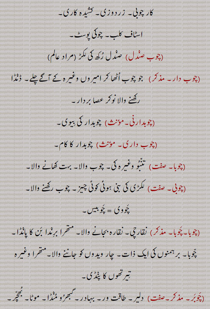 ਚੋਬ, ਚੋਬਦਾਰ, ਚੋਬਦਾਰੀ, ਚੋਬ ਚੀਨੀ,	
ਚੋਬਰ,ਚੋਬੀ,
 چوب ,لمبی لکڑی۔ درخت کی شاخ۔ ڈنڈا۔ سوٹی۔ لاٹھی۔ موٹی گرز۔ بانس۔ سونٹا۔ عصا 
چھڑی۔ موٹی لکڑی جوتھمی کا کام دے۔ چاندی یا سونے کا مڑھا ہوا ڈنڈا,لکڑی مراد پھانسی کا تختہ (بابا فرید)۔
ڈھول۔ تاشا اور نقارہ وغیرہ بجانے کی لکڑی۔ ساز بجانے کی لکڑی۔ لکڑی کی مضراب,عمارت کے کسی تعمیر شدہ حصے کا مصنوعی جواب جو کسی مقابل کی دیوار پر بطور جوابی عمارت بنا دیا جائے مثلاً ایک جانب سہ درہ ہے اس کے مقابل سہ درے کی گنجائش نہیں ہے صرف دیوار ہے تو دیوار پر سہ درے کی مصنوع شکل بنا کر جواب دکھایا جائے,بھٹی کا وہ حصہ جس میں آگ رہتی ہے,آنکھ کی چوٹ۔ آنکھ کی ضرب۔ آنکھ کے ڈھیلے میں خون کا دھبہ۔کار چوبی۔ زردوزی۔ کشیدہ کاری، اسٹاف کلب۔ چوکی پوسٹ، چوب صندل،  صندل رکھ کی لکڑ ،  چوب دار،   جو چوب اٹھا کر امیروں وغیرہ کے آگے چلے۔ ڈنڈا رکھنے والا نوکر عصا بردار، چوبدارنی،  چوبدار کی بیوی،چوب داری،  چوبدار کا کام،چوبا،  تنبو وغیرہ کی۔ چوب والا۔ بہت کھانے والا،چوبی۔   لکڑی کی بنی ہوئی کوئی چیز۔ چوب رکھنے والا۔
چووی = چوبیس،چوبا۔،  نقارچی۔ نقارہ بجانے والا۔ متھرا برندا بن کا پانڈا۔ چوبا۔ برہمنوں کی ایک ذات۔ چار ویدوں کو جاننے والا۔متھرا وغیرہ تیرتھوں کا پنڈی،چوبر،  دلیر۔ طاقت ور۔ بہادر۔گبھرو منڈا۔ موٹا۔ بھچرہٹا کٹا۔ ڈٹا۔ خوب جوان موٹا تازہ۔ مشٹنڈا۔ گندے بدمعاش خوب موٹے تازے۔ غیر مہذب,چوبرنی۔چوبری,  چوبر سے,چوبر کٹا۔ ,ہٹا کٹا آدمی۔ بہت کھا کھا کر پلا ہوا شخص,چوبک لایا,    پھٹڑ کرنا۔ زخمی کرنا,چوب چینی,   ایک دوا, A stick, a club; a pole, a tent pole; a mace; drumstick;, chobba, A Brahman, acquainted with the four Vedas but now applied indiscriminately to the Brahmans and especially to the attend- ants at the shrines of Mathra, Bindraban, and Benares, notorious for their eating capacity;,chob cheeni,  A kind of medicine, a China-root ,Smilaz China,;,chobdaar,  A mace bearer;,chobdaarni,  The wife of a mace bearer;,chobdaari,  The business of a mace bearer;,chobak,   TrapChob dar, A mace-bearer. door in ceiling leading to upper story by ladder. ,chobar, chobari, chobarni)  Fat and plump; a fat and plump person.,