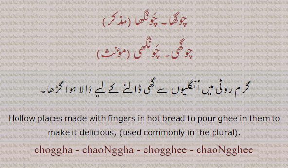 چوگھا۔ چونگھا۔ چوگھی۔ چونگھی۔ گرم روٹی میں بنا گڑھا جس میں گھی ڈالا جاتا ہے، hp;;ow p;ace made om hot bread to pour ghee. choggha. chonggha. chogghi. chongghi,chogghee. chongghee, ਚਘਾ، ਚੋੱਘਾ، ਚੋਘੀ، ਚੁੰਘੀ،ਚੋੱਗਾ, chog, ਚੋਗ, choga, ਚੋਗਾ, chogghay, ਚੋੱਘੇ, 