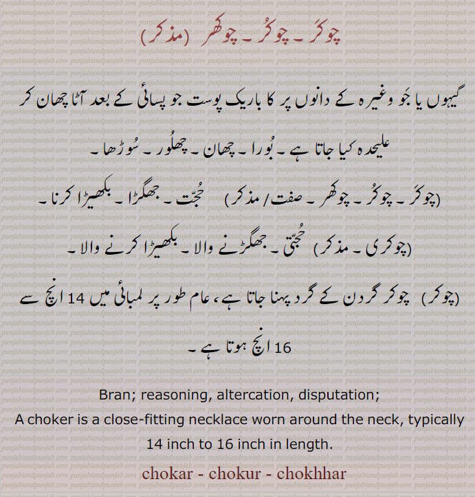  
چوکَر۔ چوکُر۔ چوکھر  ,گیہوں یا جَو وغیرہ کے دانوں پر کا باریک پوست جو پسائی کے بعد آٹا چھان کر علیحدہ کیا جاتا ہے۔ بُورا۔ چھان۔ چھلُور۔ سُوڑھا,چوکَر۔ چوکُر۔ چوکھر,     حُجّت۔ جھگڑا۔ بکھیڑا کرنا,(چوکری۔, حُجّتی۔ جھگڑنے والا۔ بکھیڑا کرنے والا,چوکر,   چوکر گردن کے گرد پہنا جاتا ہے، عام طور پر لمبائی میں 14 انچ سے 16 انچ ہوتا ہے۔  Bran; reasoning, altercation, disputation; A choker is a close-fitting necklace worn around the neck, typically 14 inch to 16 inch in length. chokar, chokur, chokhar,  chokar, chokur, chokhar, ਚੋਕੁਰ,ਚੋਕਰ, 