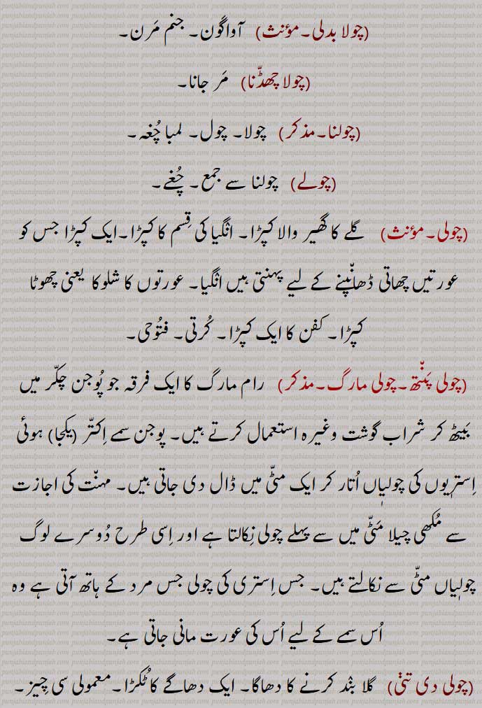  چول , چولا, چولڑا, چولنا, چوغہ, کرتا, جھگلا, انگرکھا, قبا, لباس, پوشاک,جسم, قالب, شکل, ڈھانْچا, لمبا چوغہ, دیہ, بیور کا ایک کپڑا,حیوانی زندگی,جیون, روح,تاج, کلغی (پرندوں کی),چوڑا, چونْڈا,چولا انگ نہ سماونا,چولا بدلانا,چولا بدلنا,چولا بدلی,چولا چھڈنا,چولنا,چولے,چولی,چولی پنتھ,چولی مارگ,چولی دی تنی ,چولی دا سنگ,چولی دی جوں,چولے دی جوں ہوونا,چولا,چولے,جمع,chola,cholRa,A kind of coat, a long coat, a cloak; the body,chola badalna,   To transmigrate,chola chhaDDna,choli, A short gown,chola, chole,  Gram,Cicer arietinum, chola, ਚੋਲਾ ,choli, ਚੋਲੀ ,ਚੋਲ਼ੀ ,chole, ਚੋਲੇ, Gram ,Cicer arietinum, chol, ਚੋਲ, ਚੋਲ਼, ਚੋਲ਼ੀ, ਚੋਲੀ, ਚੋਲਡ਼ਾ، cholra,,  