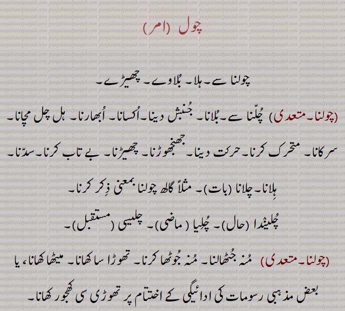  چول ,  ہلا, بلاوے, چھیڑے,چولنا,اکسانا, ابھارنا, ہل چل مچانا, سرکانا, متحرک کرنا,حرکت دینا,جھنجھوڑنا, چھیڑنا, بے تاب کرنا,سدنا,ہلانا, چلیندا , چلیا ,چلیسی , پرکھنے کا عمل, پرکھ, بھال,چول پچول,پرکھ پڑچول, کھوج,چول پڑچول, چھان بین, گول پھول,چول پھول کرنا, پولی جگہ,   نیچی جگہ جہاں سم کر, Agitate, move,cholna,paRchol,Inquiry, investigation; paRchol karni,chol Small hollow, A low place ,chol, 
چول, ਚੋਲ, ਚੋਲਨਾ ,ਪਰਚੋਲ, parchol , chol,cholna,,چولنا,پڑچول,,  