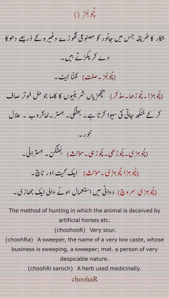  چوہڑ ,شکار کا طریقہ جس میں جانور کو مصنوعی گھوڑے وغیرہ کے ذریعے دھوکا دے کر پکڑتے ہیں,چوہڑ, کھٹا ٹیٹ,چوہڑا۔چوڑھا, پچھڑٖیاں شرینٖیوں کا کاما جو مل موتر صاف کر کے منکھ جاتی کی سیوا کرتا ہے۔ بھنگی۔ مہتر۔خاکروب ,حلال خور,چوہڑی۔چوڑھی۔چوڑہی,  بھنگن۔ مہترانی,چوہڑا چوہڑی,ایک گیت اور ناچ,چوہڑی سروچ)  دوائی میں استعمال ہونے والی ایک جھاڑی,The method of hunting in which the animal is deceived by artificial horses etc.,choohooR,   Very sour.,choohRa,   A sweeper, the name of a very low caste, whose business is sweeping, a sweeper; met. a person of very despicable nature.,choohRi saroch,   A herb used medicinally. choohaR, chuhur,ਚੁਹੁਡ਼,chuhra,ਚੂਹਡ਼ਾ,choohRa,چہڈ  
