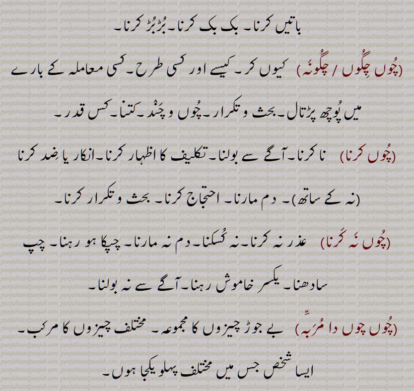   چوں,  جب,کب,کیسا, کیسے,جیسا, مانند, اس قسم کا, کیوں, اس وجہ سے کہ,, چوں چاں,چوں چرا,چوں چراں,, چوں چاں کرنا, چوں چگوں / چگونہ, چوں کرنا, چوں نہ کرنا, چوں چوں دا مربہ,A creaking sound produced by friction against any hard metal, a sound produced by breaking wind: why, wherefore; to question, to object, chooN chooN, chooN chooN karna, chooN chooN da murabba, chooN chooN na karna, chooN, ਚੂੰ, ਚੂੰ ਚੂੰ ਕਰਨੀ, ਚੂੰ ਚੂੰ ਦਾ ਮੁਰੱਬਾ,, 