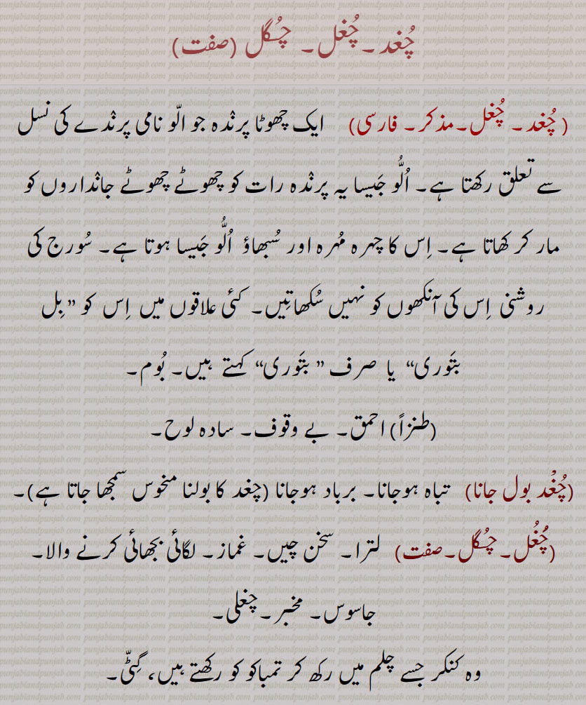   chughad, chughal, chugal, ਚੁਗਦ, ਚੁਗਲ, chughal an owl screech owl. backbiter telltale. pebble to fill up hole chilam of huqqa. chughal baaz chughal khor. backbiter. tattler. chughad. chughal. chugal.چغد۔ چغل۔ چگل۔ الو۔ رات کو چھوٹے جانور مار کھاتا ہے۔ الو جیسا۔ سورج کی روشنی میں آنکھ نہیں کھلتی۔ بل بتوری۔احمق۔ بے وقوف۔ سادہ لوح۔ چغد بول جانا۔ تباہ ہونا۔ برباد ہونا۔ لترا۔ سخن چیں۔ غماز۔ لگائی بجھائی کرنے والا۔ جاسوس۔ مخبر۔ چغلی۔ کنکر جس سے چلم حقہ کی تمباکو سے پہلے گٹی گیٹی۔ چغل مارنا۔ شکایت کرنا۔ چغل خور۔ غیبت کھانے والا۔چغل خوری۔ لگائی بجھائِ کرنے کی عادت۔ غمازی۔ چغلا۔ چغل خور۔ چغلی۔ غیبت۔ بدی۔ چغلی سازی۔ دھوکا۔ چگل۔ عہد اکبری کا سکہ جو چوکور تھا۔ 