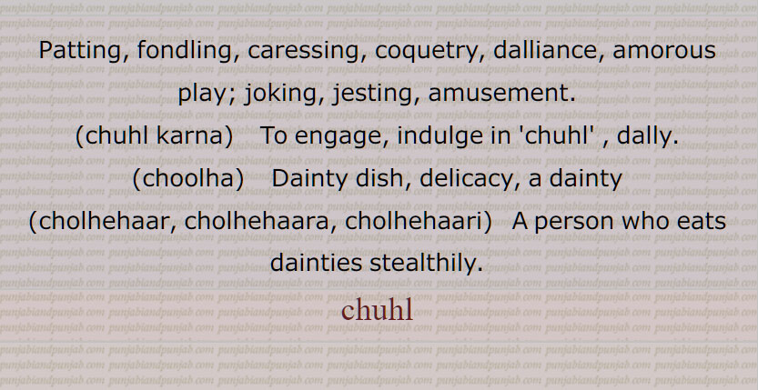  چُہل , چولھ, چُہل باز, چُہل بازی, چُہل مُٹّھی کرنا,چُہل مُہل, چُہلن, چُہلی, چُہلڑ, چُہلیا, چولھا,چُہلا, چولھے ہار,چولھا ہارا, چولھے  ہاری, چولھاں, چہل ,   چہل باز, چہل بازی, چہل مٹھی کرنا,چہل مہل, چہلن, چہلی, چہلڑ, چہلیا ,چہلا, chuhl karna, choolha, cholhehaar, cholhehaara, cholhehaari, chuhl,   ਚੁਹਲ, ਚੋਲ੍ਹ , ਚੋਲ੍ਹਾ,chulh, choolh,