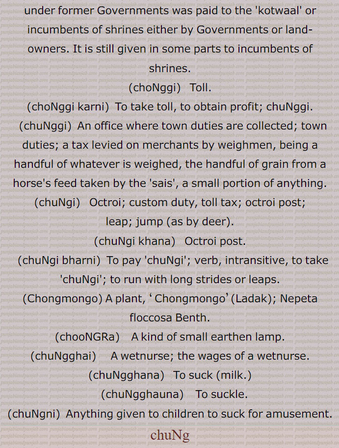     <meta name="description" content="چنگ , پِپّا, چرانگلی, چونگ, چنگی, چنگاں,چنگ چور,چنگی, چوکڑی بھرنا, چنھی بینٹھ,چنگی,چنگی ادا کرنا, چنگی بھرنا,چنگی خانہ,چنگی دیون,چنگی لون, چنگی مارنا, چونکڑی بھرن,چنگیاں,چنگیاں مارنا,چونگی,  چونگا,چونگی باز,چونگ, چرانگلی, چنگ,چونگڑا,چونگھ,چونگنی,چُونگھنی, چوسنی,چونگھا,چونگھا,چونگھا کٹنا,چونگھا کڈھنا,چونگھ ڈھاب,چونگی, چڑونگلی,چونگی, چنگنی, چنگی,ChauNga; Pippa; Pippu; Boucerosia edulis Edgew, Boucerosia stocksiana Boiss, Boucerosia edulis. kotwal,choNggi,  ਚੋੱਗੀ ,Toll,choNggi karn,chuNggi,   ਚੁੰਗੀ,small portion of anything.chuNgi,  ਚੁੰਗੀ ,chuNgi khana, ਚੁੰਗੀ ਖਾਨਾ,chuNgi bharni,ਚੁੰਗੀ  ਭਰਨੀ,Chongmongo,chooNGRa,  ਚੂੰਗੜਾ,chuNgghai,   ਚੁੰਘਾਈ,  A wetnurse,wages of a wetnurse,chuNgghana, ਚੁੰਘਣਾ ,To suck,chuNgghauna,  ਚੁੰਘਾਉਣਾ ,chuNgni,  ਚੂੰਗਣੀ,چنگ,chuNg, ਚੁੰਗ,, shahmukhi to urdu, English, meaning in Urdu,meaning in English, Dictionary,Punjabi To Urdu Translation,Shahmukhi Punjabi, شاہ مکھی پنجابی لغت, ਪੰਜਾਬੀ,">
