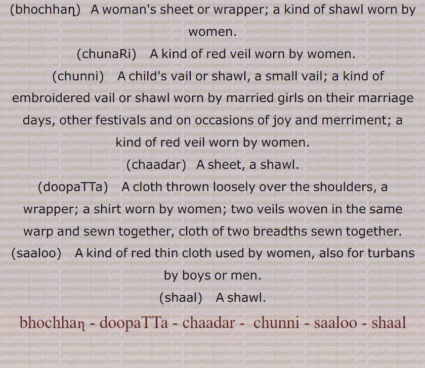  , ,بوچھن ,بھوچھن, بھوچن, بھونچن,چنی, چنری, چنڑی,چادر,سالو,شال, دوشالہ,دوپٹہ,bhochhan,  ਭੋਛਣ,chunaRi,   ਚੂਨਡ਼ੀ,chunni,  ਚੁੰਨੀ,chaadar, ਚਾਦਰ,doopaTTa, ਦੁਪੱਟਾ,saaloo,   ਸਾਲੂ,shaal,   ਸ਼ਾਲ,, 