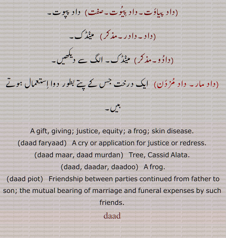  داد,ایک جلدی بیماری,قوبا, دودری چنبل, عطا,بخشش ,شاباش,فریاد, دہائی,انصاف,پرسنسا,داد آفرید ,داد آفریں,داد پانا,داد چاہنا,داد خواہ,داد خواہی,داد حاصل کرنا,داد دینا ,داد رس۔صفت,داد رسی,داد فریاد,داد فریاد کرنا ,داد ملنا,داد مراد پچانا,داد منگنا,داد نوں پہنچنا,دادی,دادی فریادی,دادے دہند,داد پپوت,داد پپوت,داد پوت,داد پیاوت, داد,دادر,دادو,داد مار, داد مردن,  gift, giving, justice, equity, a frog; skin disease,daad faryaad, daad maar, daad murdan,Cassid Alata,daad, daadar, daadoo, frog, daad, ਦਾਦ ,dad , ਦਾਦਰ , dadar, 