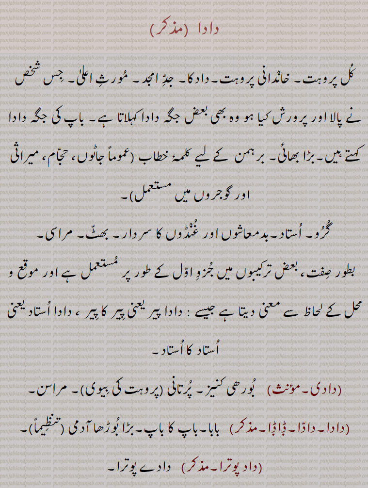    ,داڈا,دادی,استاد,گرو,جد امجد,کل پروہت,دادا,daada  ,ਦਾਦਾ ,daadke, daadak, ਦਾਦਕ, daadaka,  ਦਾਦਕਾ ,daada  paRdaada,  ਦਾਦਾ ਪੜਦਾਦਾ,daade potra, daade potri,daadi,ਦਾਦੀ,دادا پوترا,  دادے ,پڑدادے پٹنا , دادے پوٹرا , دادے دی داڑھی وچ ہگنا ہگانا , دادے لاہی  ,دادے مگانا  ,دادک  ,دادکا , دادا کا کھیڑا,  دادکی , دادکے, دادُو,