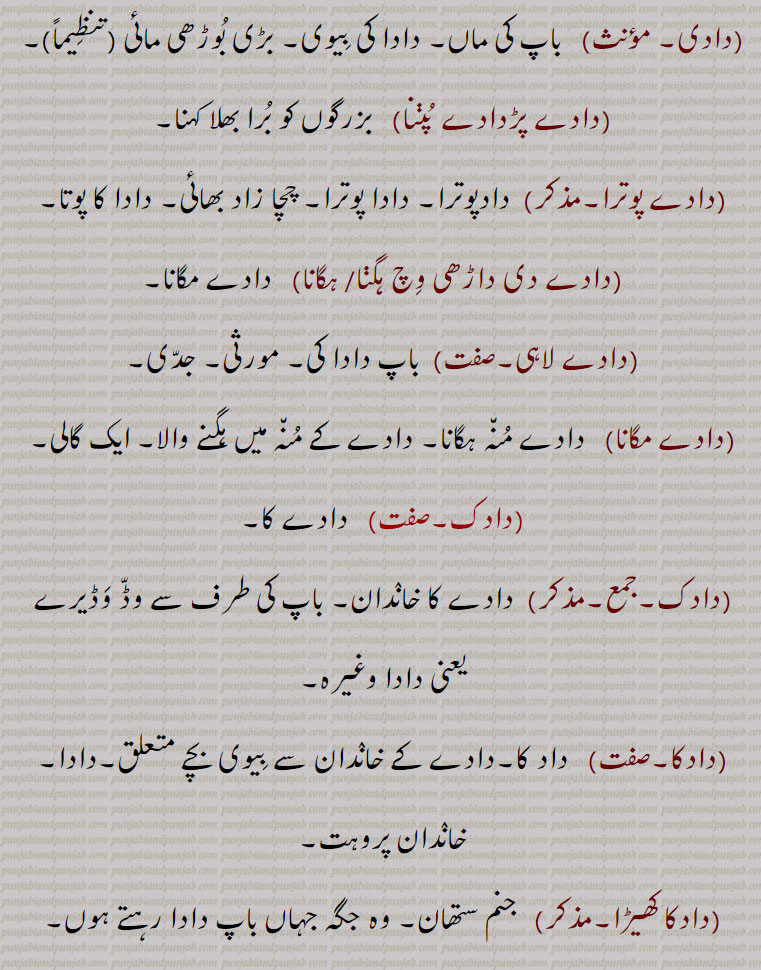    ,داڈا,دادی,استاد,گرو,جد امجد,کل پروہت,دادا,daada  ,ਦਾਦਾ ,daadke, daadak, ਦਾਦਕ, daadaka,  ਦਾਦਕਾ ,daada  paRdaada,  ਦਾਦਾ ਪੜਦਾਦਾ,daade potra, daade potri,daadi,ਦਾਦੀ,دادا پوترا,  دادے ,پڑدادے پٹنا , دادے پوٹرا , دادے دی داڑھی وچ ہگنا ہگانا , دادے لاہی  ,دادے مگانا  ,دادک  ,دادکا , دادا کا کھیڑا,  دادکی , دادکے, دادُو,