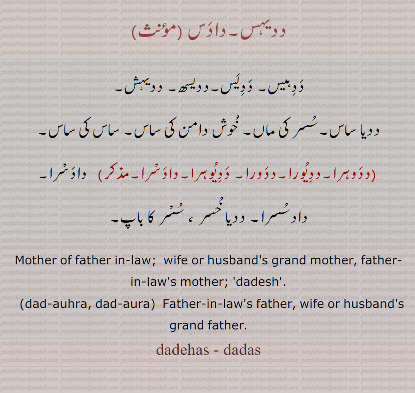 ددیہس,دادس, ددہیس, ددیس,ددیسھ, ددیا ساس,سسر کی ماں, ساس کی ساس,ددوہرا,ددیورا,ددورا, ددیوہرا,دادسرا,  دادسرا, دادسسرا, ددیا خسر , dadas, dadehas  , ਦਦੇਹਸ , dadesh, ਦਦੇਸ੍ , dad-auhra, ਦਦਔਹਰਾ, ਦਦਔਰਾ ,ਦਦੇਹਸ, dadehas ,dad-aura ,father in laws mother, father in laws mother,