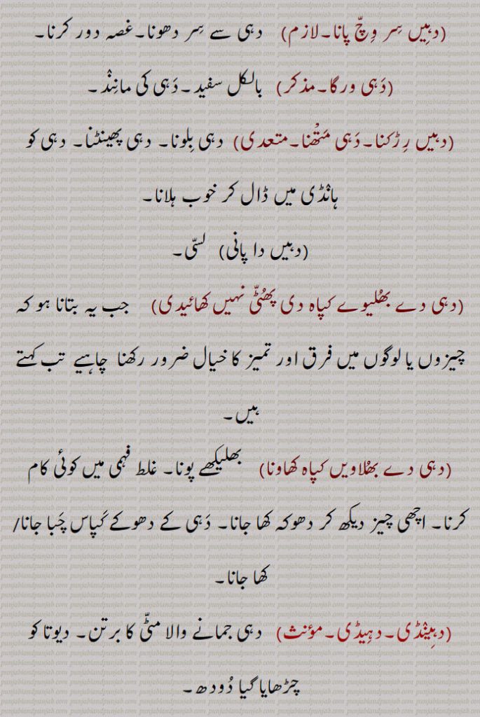    دہیں, دھئیں,دہی,جغرات,دہیں جمانا,دہیں مونہ لانا,دہیں وڑے,دہیں بھلے,دہیں بڑے,دہیں پکوڑیاں,دہیں چڑھانا,دہیں سر وچ پانا,دہی ورگا,دہیں رڑکنا,دہی متھنا,دہیں دا پانی,دہی دے بھلیوے کپاہ دی پھٹی نہیں کھائیدی,دہی دے بھلاویں کپاہ کھاونا,دہی کے دھوکے کپاس چبا جانا/ کھا جانا,دہینڈی,دہیڈی,ڈھی,گھیر,Sour milk, coagulated milk, curds, yoghurt, dahi, daheeN jamauna, daheeN riRakna, daheeN sir wichch pauna, daheeN da paani, ਦਹੀਂ ਦਾ ਪਾਣੀ, milk-serum,daheeN warga,ਦਹੀਂ ਵਰਗਾ, Dahi,Coagulated sour milk, gher, butter-milk, دہِیں , دھئیں, daheeN,  ਦਹੀਂ, 