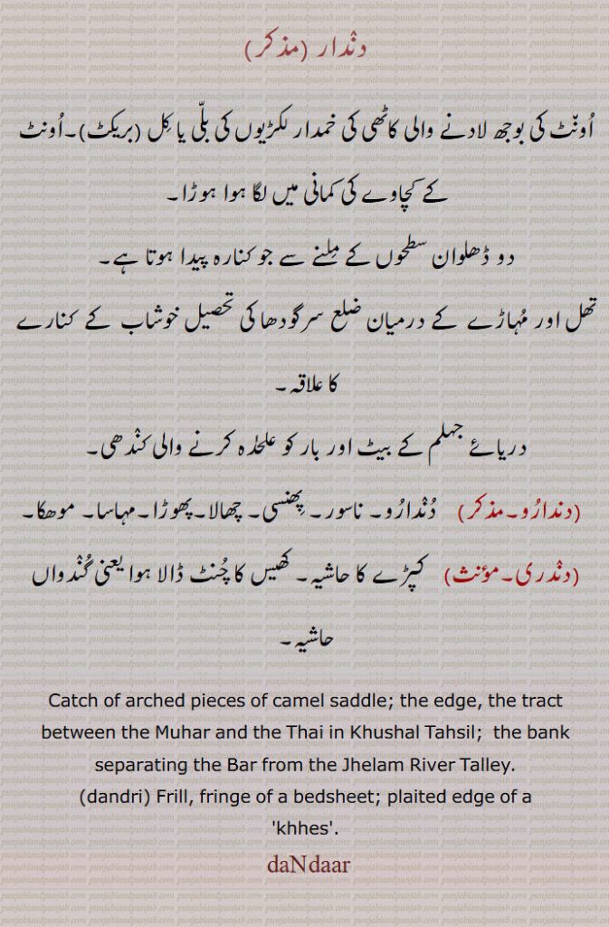    دندرا, dandaar, ਦੰਦਰਾ, ਦੰਦਰੀ,dandri ,دندار, ہوڑا, کندھی, دندارو, ناسور, پھنسی,پھوڑا,دندری,  کپڑے کا حاشیہ, Catch of arched pieces of camel saddle, the edge, dandri,  ਦੰਦਰੀ , Frill, fringe of a bedsheet, dandaar,  