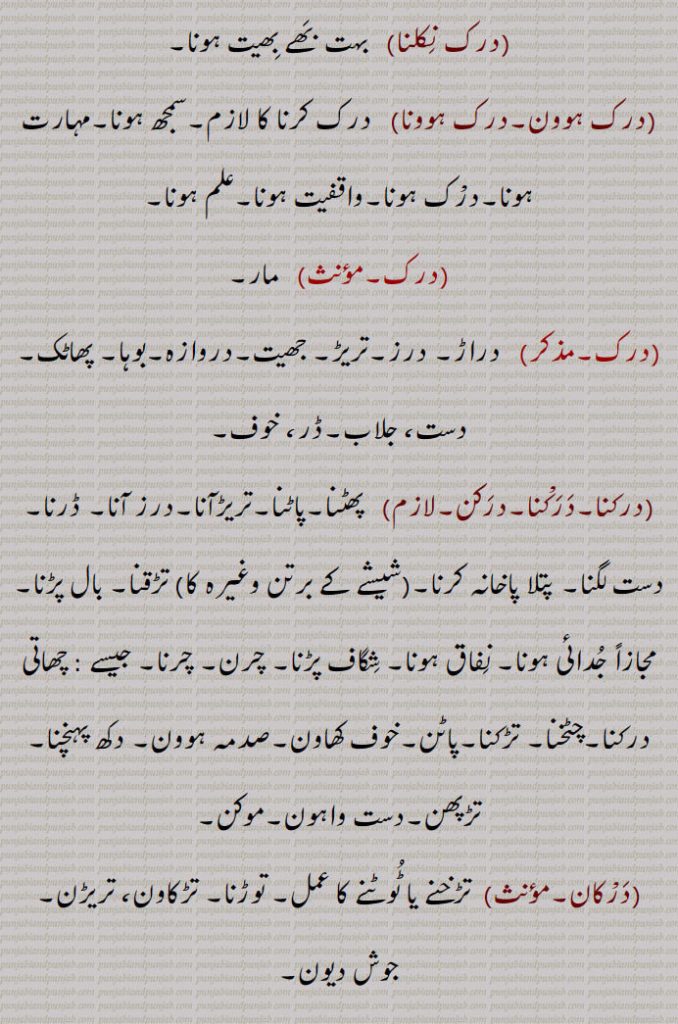   درک ,وسیلہ, درک لڑانا,درک دینا,دخل دینا,درک کرنا,درک نکلنا,درک ہوون,درک ہوونا,درکنا,پھٹنا,تریڑآنا, دست لگنا,تڑقنا, بال پڑنا, چھاتی درکنا,چٹخنا, تڑکنا,درکان,درکانا,درکینا,درکنا,درکنا,درکن, درکاری,دوڑنا, بھجاونا,درُکانا,درکاونا,درکواون,درکوان,درکان,درکاون,درکاون,درکیون,دڑیون,سیون, بھجیون,درکاری,درکی, دڑکی,درکین, درکیون,درک بھج,درکنا,درکار,  پھٹکار,دھتکار,درکار سٹنا, دتکارنا,دور کرنا,در در, کتے کے ہٹانا,درکارنا,درکارن,درکان,درکانا,درکنا,درکن,درکارن,درکاری,درکار,درکار ہوون,درک,درک,درکات,درکا,درک , darak,durk,  ਦਰਕ, darakna,ਦਰਕਣਾ,durkaana, ਦੁਰਕਾਨਾ ,durkan, drukan, druk-daur, druk bhaj, drukaawan, durkaawan, durkaari, durkaari, durki, durk, darkna, darak, dark, durk,  ਦਰਕ, dark, darak, durak, daruk, ਦੁਰਕ, ਦਰੁਕ, 