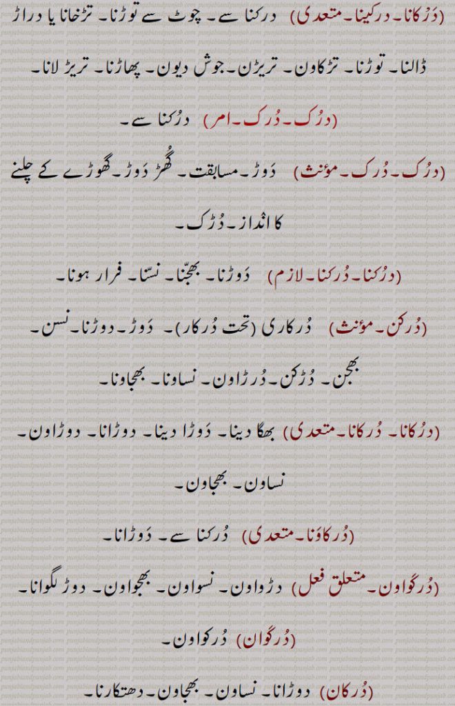   درک ,وسیلہ, درک لڑانا,درک دینا,دخل دینا,درک کرنا,درک نکلنا,درک ہوون,درک ہوونا,درکنا,پھٹنا,تریڑآنا, دست لگنا,تڑقنا, بال پڑنا, چھاتی درکنا,چٹخنا, تڑکنا,درکان,درکانا,درکینا,درکنا,درکنا,درکن, درکاری,دوڑنا, بھجاونا,درُکانا,درکاونا,درکواون,درکوان,درکان,درکاون,درکاون,درکیون,دڑیون,سیون, بھجیون,درکاری,درکی, دڑکی,درکین, درکیون,درک بھج,درکنا,درکار,  پھٹکار,دھتکار,درکار سٹنا, دتکارنا,دور کرنا,در در, کتے کے ہٹانا,درکارنا,درکارن,درکان,درکانا,درکنا,درکن,درکارن,درکاری,درکار,درکار ہوون,درک,درک,درکات,درکا,درک , darak,durk,  ਦਰਕ, darakna,ਦਰਕਣਾ,durkaana, ਦੁਰਕਾਨਾ ,durkan, drukan, druk-daur, druk bhaj, drukaawan, durkaawan, durkaari, durkaari, durki, durk, darkna, darak, dark, durk,  ਦਰਕ, dark, darak, durak, daruk, ਦੁਰਕ, ਦਰੁਕ, 
