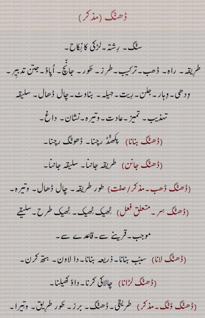  ڈھنگ,ڈھنگ بنانا,ڈھنگ جانن,ڈھنگ ڈھب,ڈھنگ سر,ڈھنگ لانا,ڈھنگ لڑانا,ڈھنگ ونگ,ڈھنگا,ڈھنکا بنانا, ڈھنگا جوڑنا,ڈھنگا مارنا,ڈھنگن,ڈھنگی,ڈھنگ لانا,ڈھنگ,ڈہنگ,ڈھنگ دا,ڈھنگا پانا,ڈھنگا پینا,ڈھنگ چھڈنا,ڈھنگ سوارتھ,ڈھنگنا,ڈھنگن,ڈھنگوں ڈھاہوں لاہ دینا,ڈھنگوان,ڈھنگواون, لمڈھنگ, ایک دریائی پرندہ,Behaviour, conduct, mode, manner, method, way; frame, mould; marriage or other festival or joyful occasion,
 mode, manner, method; a rope nsed for tying the back legs of cows or buffaloes while being milked, hobble,DhaNg waNg,DhaNga, ਢੰਗਾ,DhaNge laune,DhaNgna,ਢੰਗਣਾ,DhiNg, ਢੀਂਗ,birds,lamDhiNg,
ڈھنگ , DhaNg, ਢੰਗ,,  