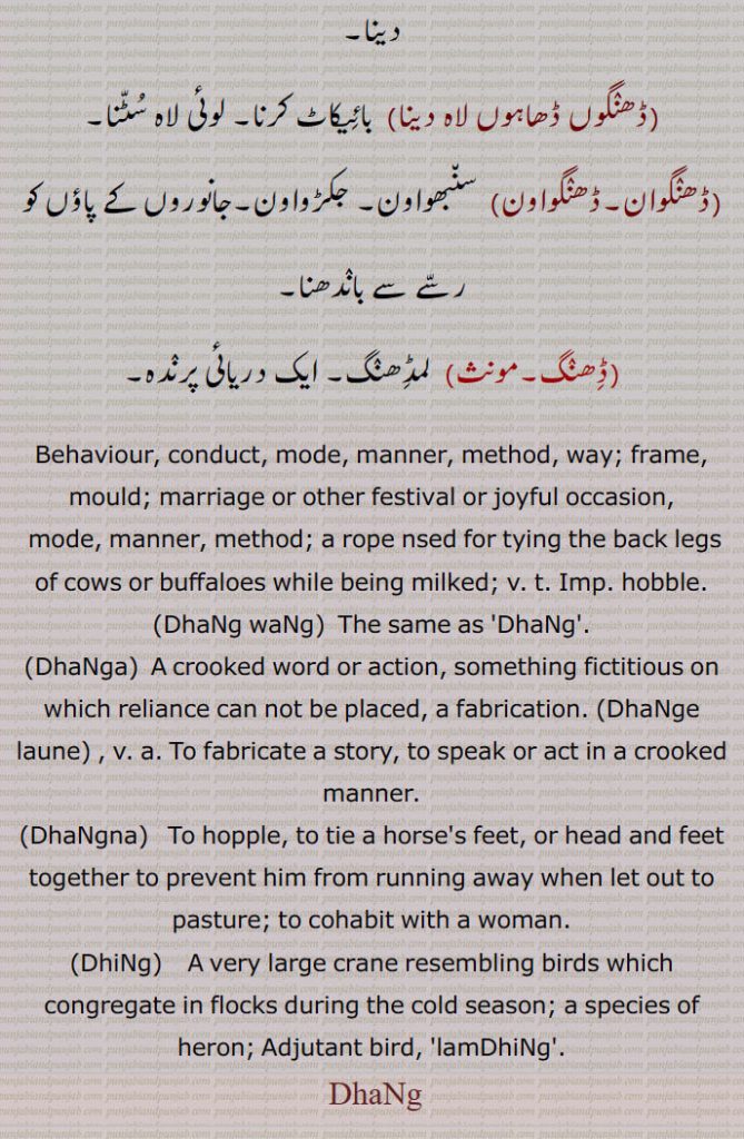  ڈھنگ,ڈھنگ بنانا,ڈھنگ جانن,ڈھنگ ڈھب,ڈھنگ سر,ڈھنگ لانا,ڈھنگ لڑانا,ڈھنگ ونگ,ڈھنگا,ڈھنکا بنانا, ڈھنگا جوڑنا,ڈھنگا مارنا,ڈھنگن,ڈھنگی,ڈھنگ لانا,ڈھنگ,ڈہنگ,ڈھنگ دا,ڈھنگا پانا,ڈھنگا پینا,ڈھنگ چھڈنا,ڈھنگ سوارتھ,ڈھنگنا,ڈھنگن,ڈھنگوں ڈھاہوں لاہ دینا,ڈھنگوان,ڈھنگواون, لمڈھنگ, ایک دریائی پرندہ,Behaviour, conduct, mode, manner, method, way; frame, mould; marriage or other festival or joyful occasion,
 mode, manner, method; a rope nsed for tying the back legs of cows or buffaloes while being milked, hobble,DhaNg waNg,DhaNga, ਢੰਗਾ,DhaNge laune,DhaNgna,ਢੰਗਣਾ,DhiNg, ਢੀਂਗ,birds,lamDhiNg,
ڈھنگ , DhaNg, ਢੰਗ,,  