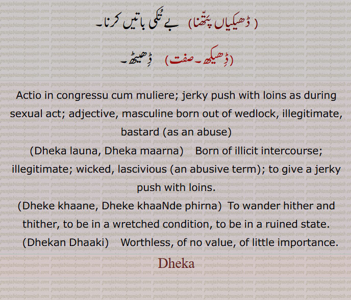  ڈھیکا  , گھسا۔ بیوقوف شخص,مجامعت کے دوراں میں گھسًا کی چوٹ لگانا,ڈھیکا,  بدمعاش۔ شہوت انگیز۔  ایک گالی,ڈھیکے لاؤنا۔ڈھیکے مارنا,   ناجائز۔ بے ہودہ  ,ڈھیکے کھانا,  مصیبت زدہ برباد حالت میں۔ ادھر ادھر بھٹکتے پھرنا,ڈھیکے کھاندے پھرنا,   بھٹکنا اور ٹھوکر مارنا۔ خراب حالت میں رہنا۔ تباہ حال حالت میں رہنا۔ڈھیکے کھانا,ڈھاکن ڈھاکی۔ڈھیکن ڈھاکی,   بیکار۔کوئی قیمت نہیں۔بہت کم اہمیت کا حامل,ڈھیکا, بے حیا,ڈھیکی,    فضول۔ لغو۔ بناوٹی بات۔ مثلاً ڈھیکیاں پتھنا,ڈھیکیاں,   ڈھیکی سے جمع۔ بے تکی باتیں۔ ڈھیکیاں بنانا۔ ڈھیکیاں پتھنا, ڈھیکیاں پتھنا,بے تکی باتیں کرنا,ڈھیکھ۔, ڈھیٹھ۔
Actio in congressu cum muliere; jerky push with loins as during sexual act; adjective, masculine born out of wedlock, illegitimate, bastard (as an abuse), Dheka launa, Dheka maarna,   Born of illicit intercourse; illegitimate; wicked, lascivious (an abusive term); to give a jerky push with loins.,Dheke khaane, Dheke khaaNde phirna,  To wander hither and thither, to be in a wretched condition, to be in a ruined state., Dhekan Dhaaki,   Worthless, of no value, of little importance. Dheka launa, Dheka maarna,Dheke khaane, Dheke khaaNde phirna,Dhekan Dhaaki,Dheka, ਢੇਕਾ,   ਢੇਕਾ ਮਾਰਨਾ, Dhekan Dhaaki,  ਢੇਕਨ ਢਾਕੀ , 
