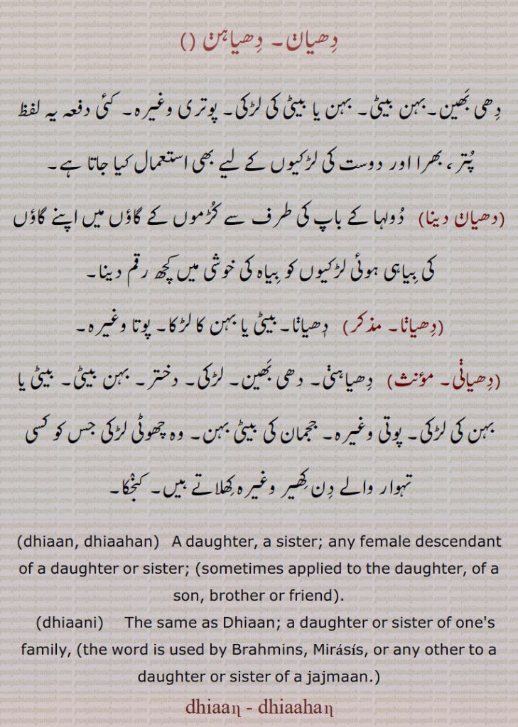     دھیان۔ دھیاہن,دھی بھین۔بہن بیٹی۔ بہن یا بیٹی کی لڑکی۔ پوتری وغیرہ۔ کئی دفعہ یہ لفظ پتر، بھرا اور دوست کی لڑکیوں کے لیے بھی استعمال کیا جاتا ہے,دھیان دینا,  دولہا کے باپ کی طرف سے کڑموں کے گاؤں میں اپنے گاؤں کی بیاہی ہوئی لڑکیوں کو بیاہ کی خوشی میں کچھ رقم دینا,دھیانا,   دٖھیانا۔بیٹی یا بہن کا لڑکا۔ پوتا وغیرہ,دھیانی, دھیاہنی۔ دھی بھین۔ لڑکی۔ دختر۔ بہن بیٹی۔ بیٹی یا بہن کی لڑکی۔ پوتی وغیرہ۔ ججمان کی بیٹی بہن۔ وہ چھوٹی لڑکی جس کو کسی تہوار والے دن کھیر وغیرہ کھلاتے ہیں۔ کنجکا۔ ,dhiaan, dhiaahan,   A daughter, a sister; any female descendant of a daughter or sister; (sometimes applied to the daughter, of a son, brother or friend).,dhiaani,  The same as Dhiaan; a daughter or sister of one's family, (the word is used by Brahmins, Mirasis, or any other to a daughter or sister of a jajmaan.,dhiaan - dhiaahan, ,دھیان دینا, دھیانا, دھیانی, dheeaan, dheeaahan,   dheean, dheeahan,  ਧਿਆਹਣ , dhiaani,dheeani, dheeaani,  ਧਿਆਣੀ ,dhiahan, dhiyaahan, dhiyaahni, dhiyaan, dhiaani, dhiyaani