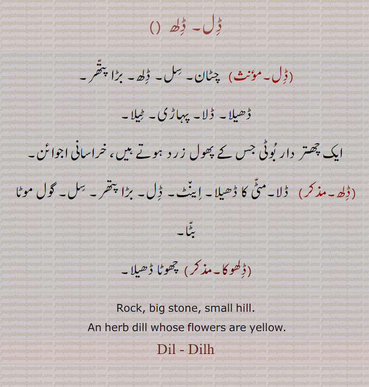   ڈل۔ ڈلھ  ,ڈل۔    چٹان۔ سل۔ ڈلھ۔ بڑا پتھر ,ڈھیلا۔ ڈلا۔ پہاڑی۔ ٹیلا, ایک چھتر دار بوٹی جس کے پھول زرد ہوتے ہیں، خراسانی اجوائن, ڈلھ, ڈلا۔مٹی کا ڈھیلا۔ اینٹ۔ ڈل۔ بڑا پتھر۔ سل۔ گول موٹا بٹا, ڈلھوکا,   چھوٹا ڈھیلا, Rock, big stone, small hill. An herb dill whose flowers are yellow. ,Dil - Dilh, dil,dill, ਡਿਲ,